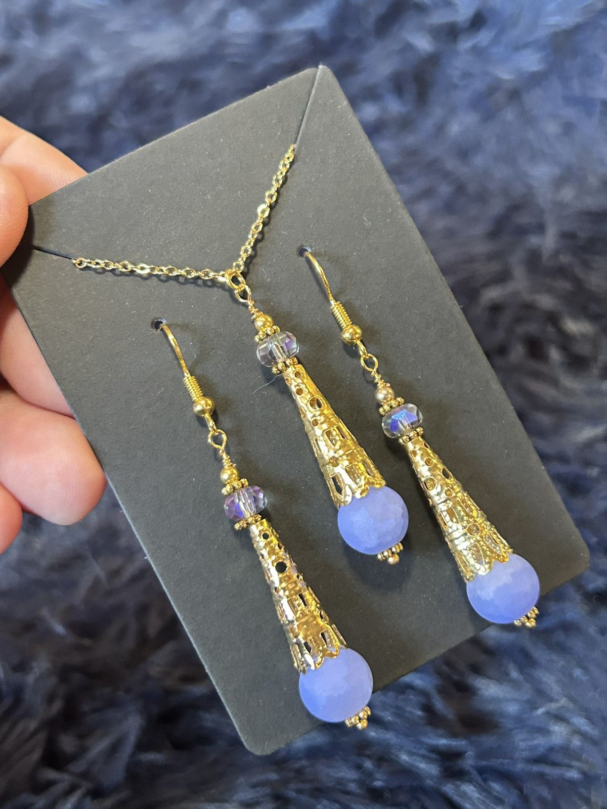 Handmade Handcrafted periwinkle crackle glass gold filigree coil set Size ONE SIZE - 1 Thumbnail