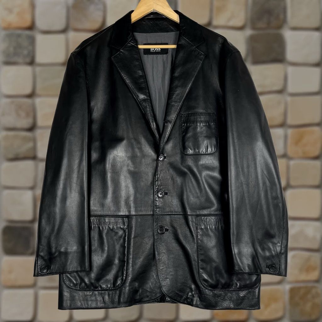 Hugo Boss HUGO BOSS Black Leather Blazer Jacket 40R Spanish Lambskin 4 Button Men Size 40R - 1 Thumbnail