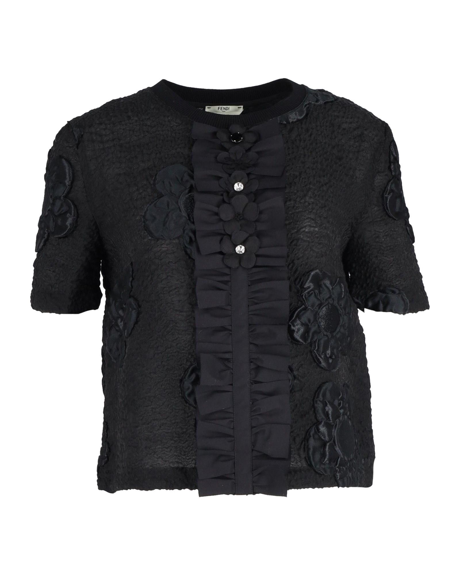 image of Embroidered Flower Wool Blouse By Fendi in Black, Women's (Size Large)