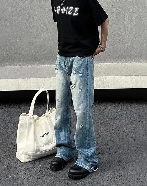 image of Vintage Ripped Jeans Trousers Tight Summer Flared Trousers Y2K 90’S in Blue, Men's (Size 30)
