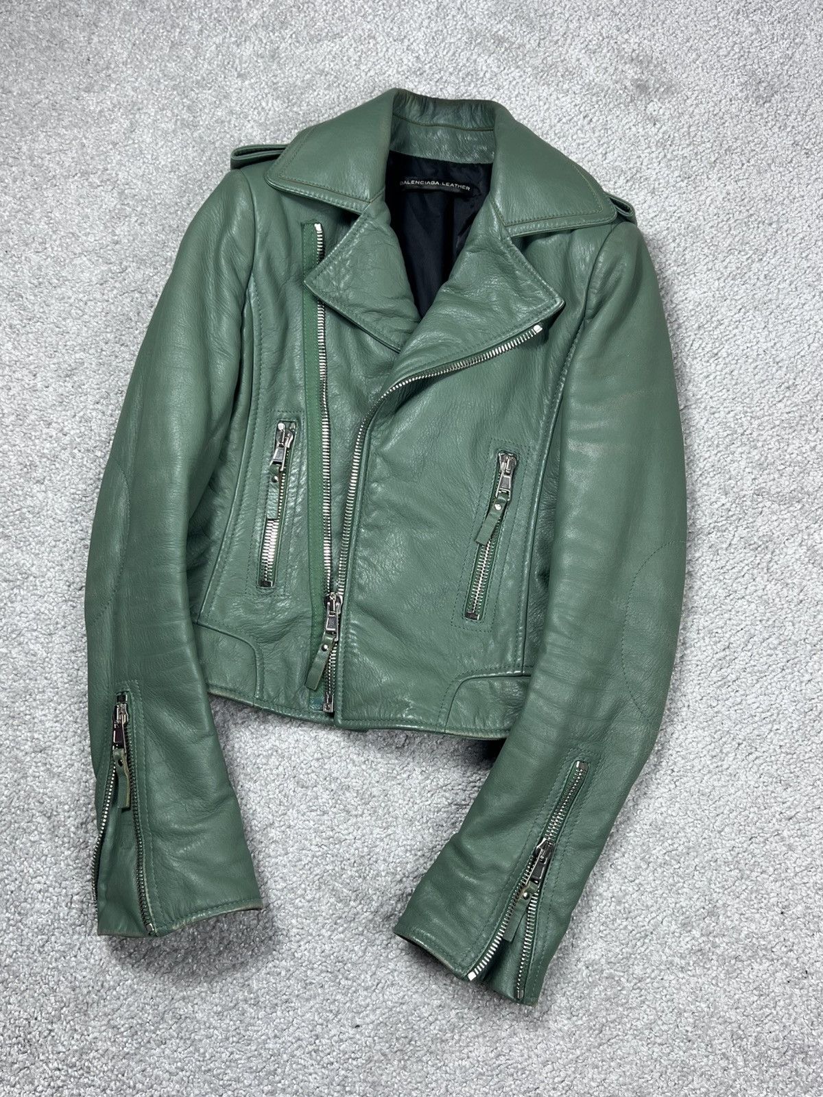 Balenciaga Balenciaga Green Leather Biker Jacket Size XS / US 0-2 / IT 36-38 - 2 Thumbnail