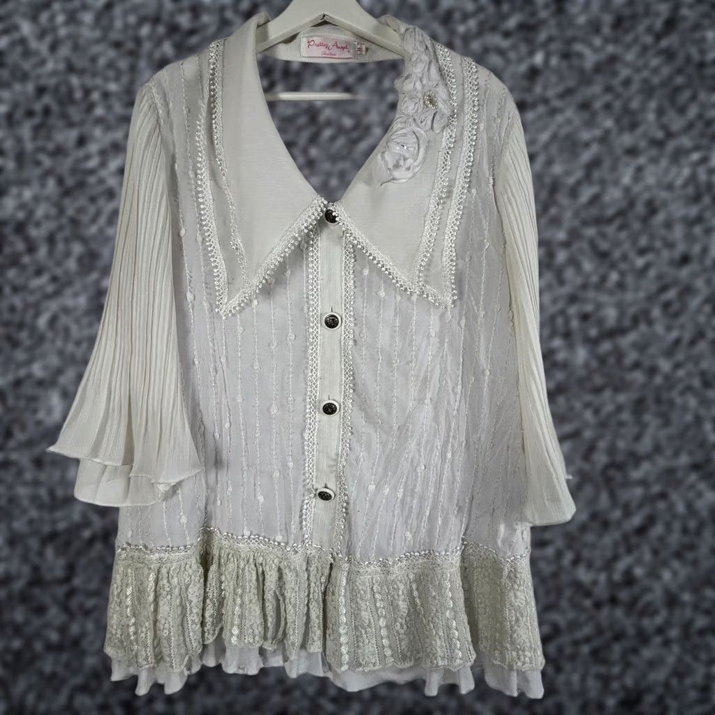 Vintage Pretty Angel Womens White Lace Boho Button Down Blouse Top Size Medium Collared Size M / US 6-8 / IT 42-44 - 1 Thumbnail