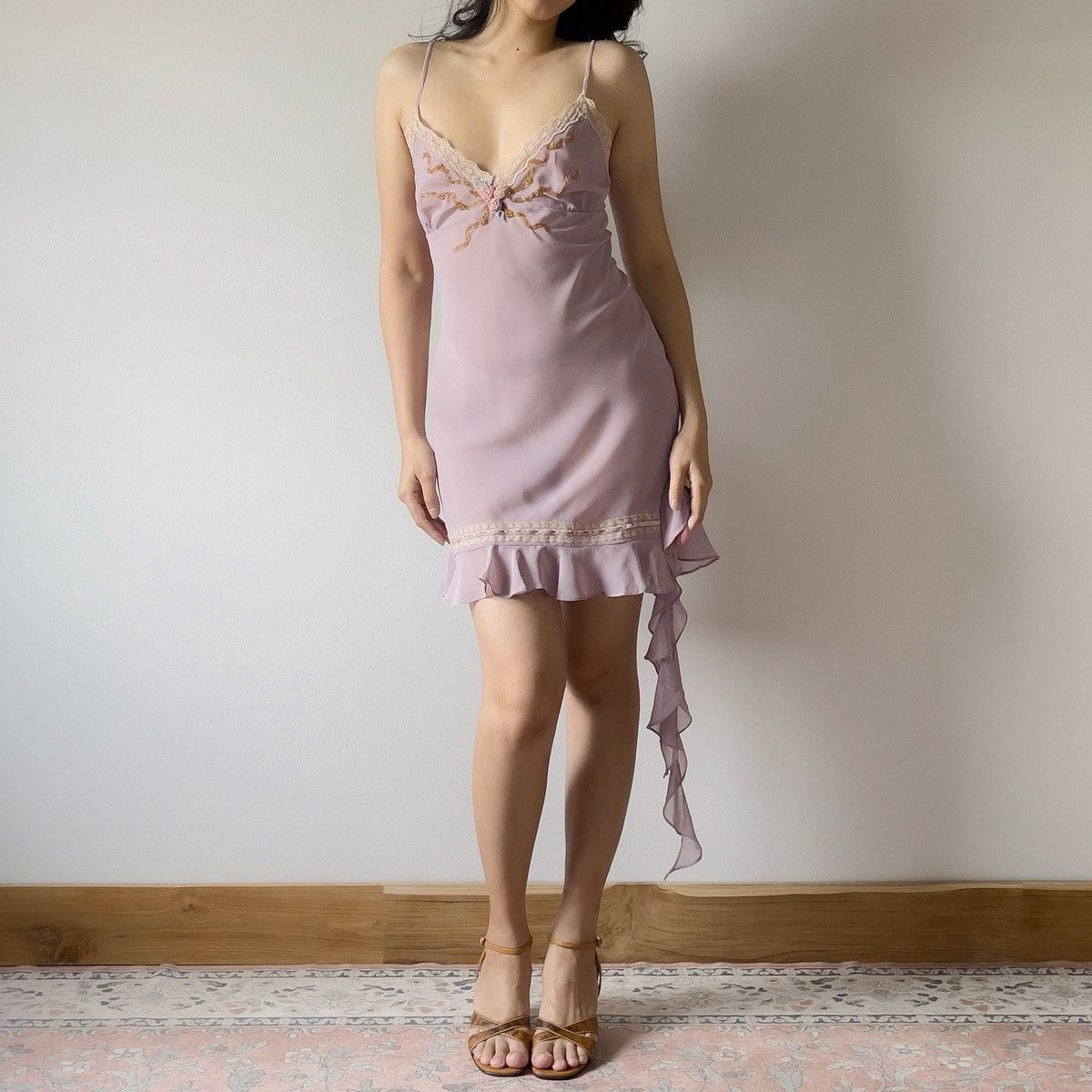 Vintage Romantic Dusty Purple Chiffon Semi-Sheer Mini Dress (Large) Size L / US 10 / IT 46 - 5 Thumbnail