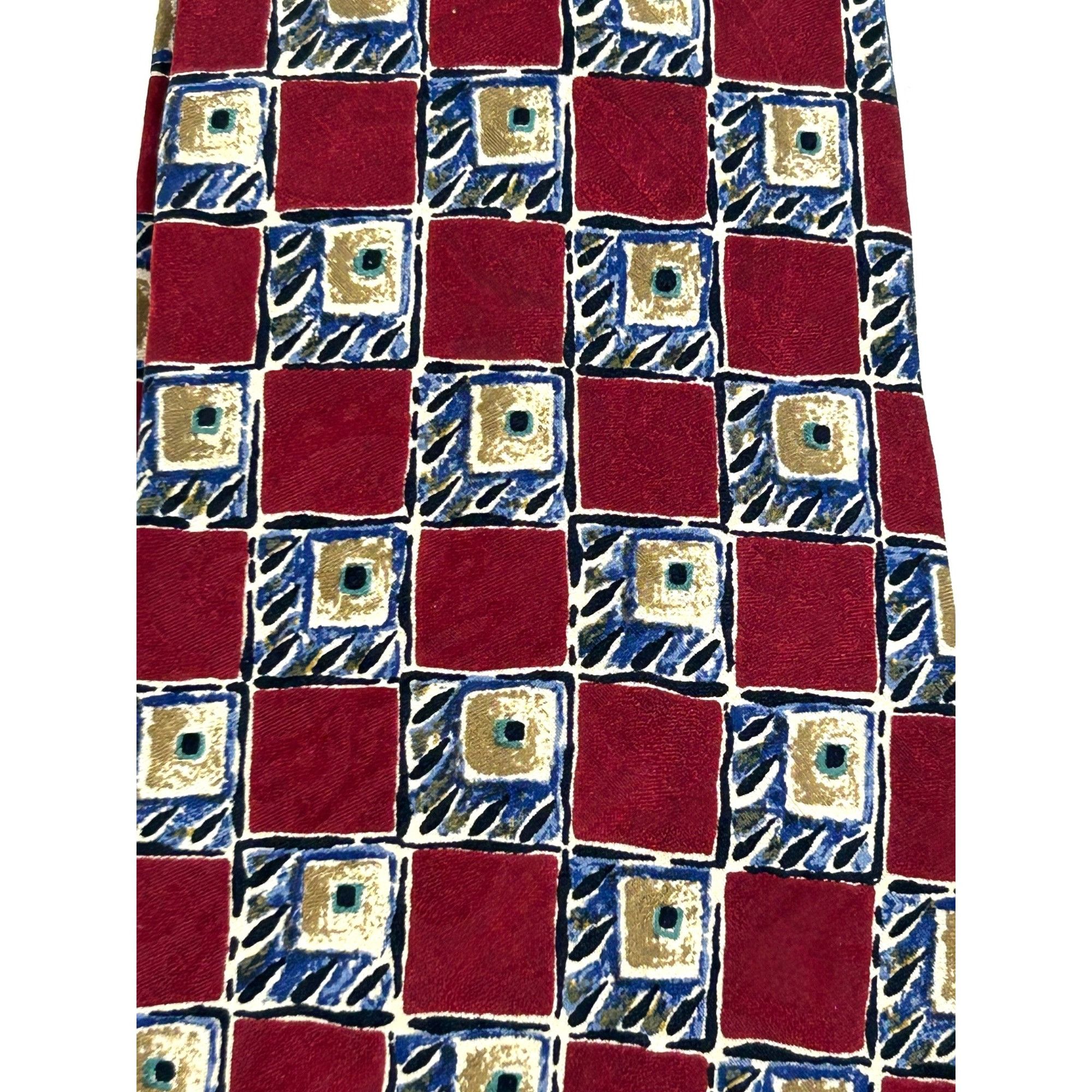 Other Today’s Man Silk Tie Vtg 90s Italy Geometric Checkered Burgu Size ONE SIZE - 2 Thumbnail