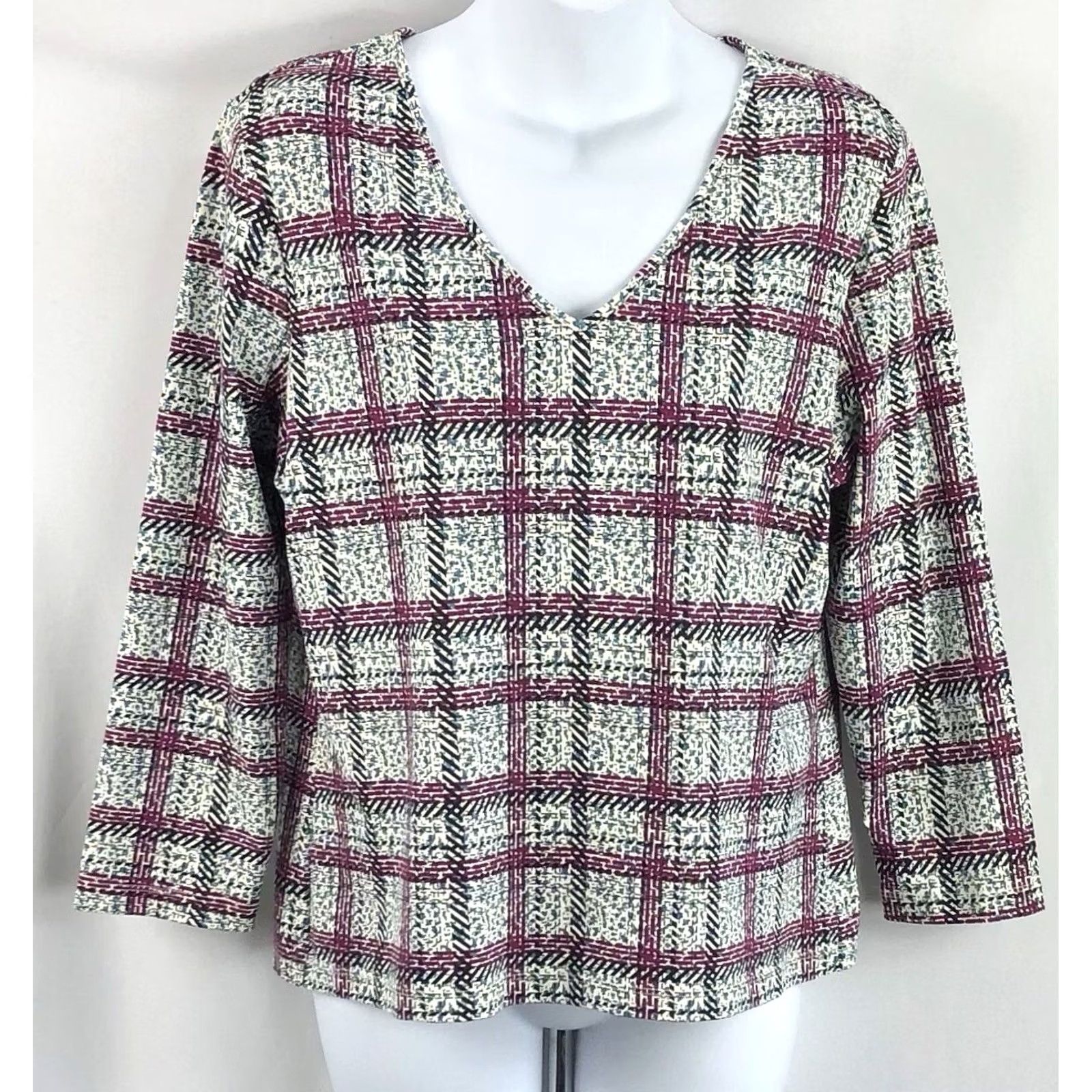 Altea Apostrophe Jersey Top L Teal Purple Plaid Geometric V-Neck 3/4 Sleeve Womens Blouse Modern Casual Wear Size L / US 10 / IT 46 - 5 Thumbnail