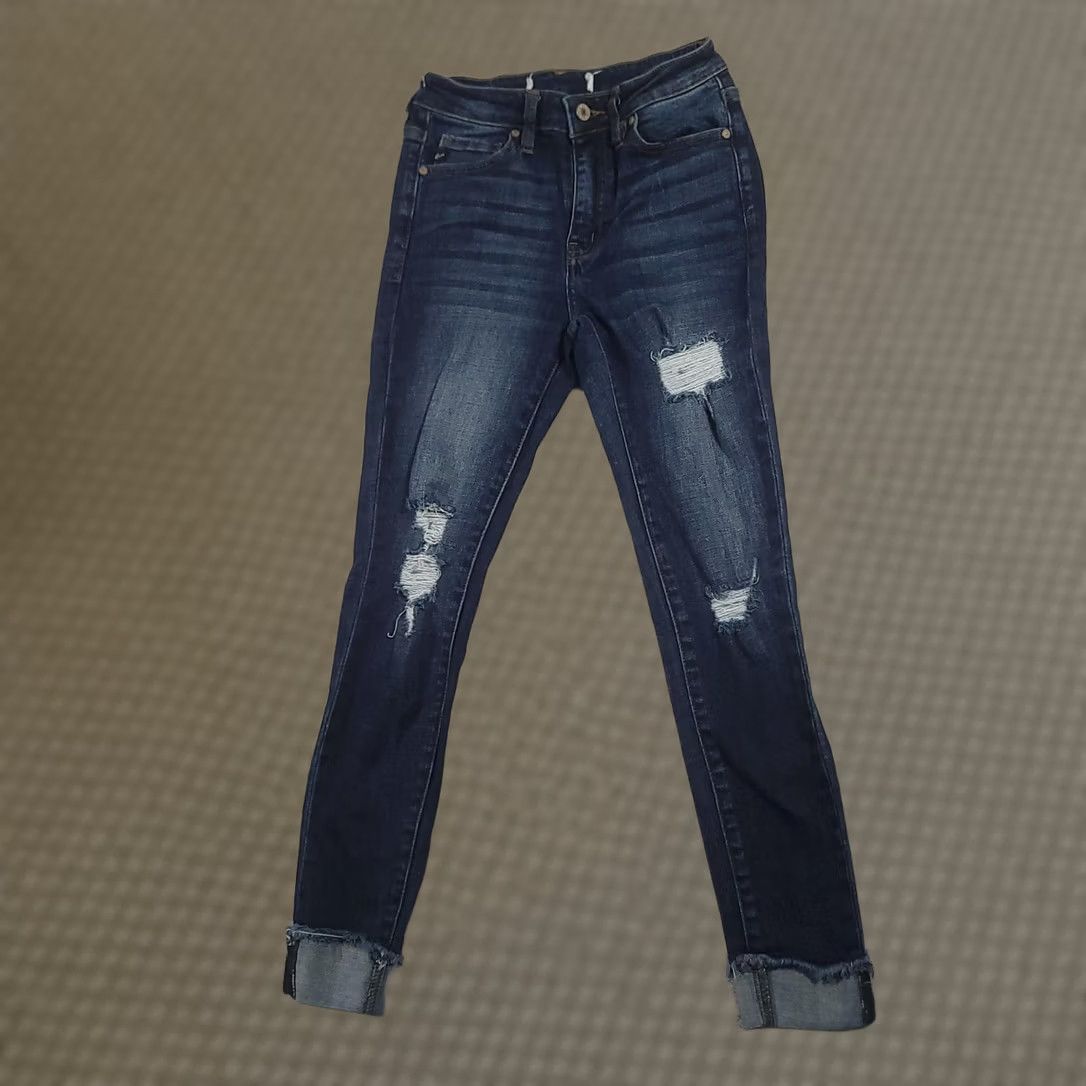 Vintage KUT from the Kloth Jeans Womens 24 Dark Wash Distressed Mid Rise Skinny Raw Hem Jeans Size 42" / US 20 - 1 Thumbnail