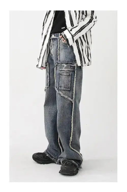 Japanese Brand × Jean Rough Edge Straight Tube Splicing Jeans men Size US 32 / EU 48 - 2 Thumbnail