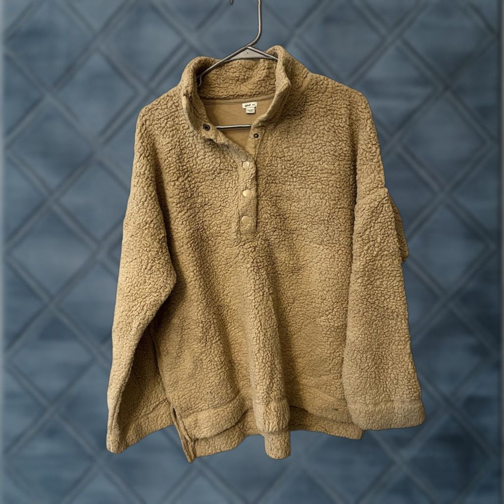 Vintage Aerie Women's M Khaki Brown Sherpa 1/4 Snap Button Fleece Sweatshirt Size M / US 6-8 / IT 42-44 - 1 Thumbnail