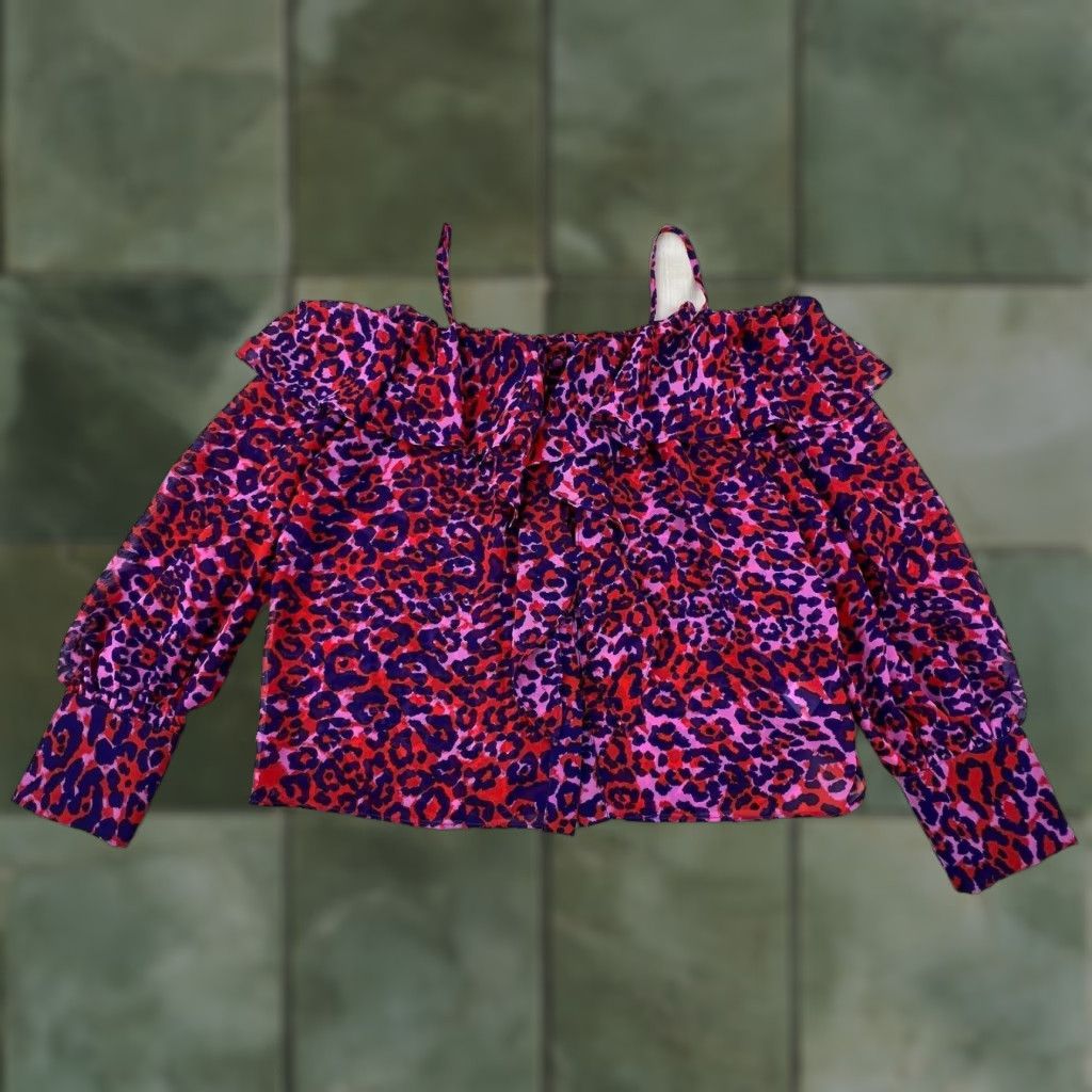Vintage Signature8 Leopard Print Off Shoulder Semi Sheer Womens Blouse Small Purple Size S / US 4 / IT 40 - 1 Thumbnail