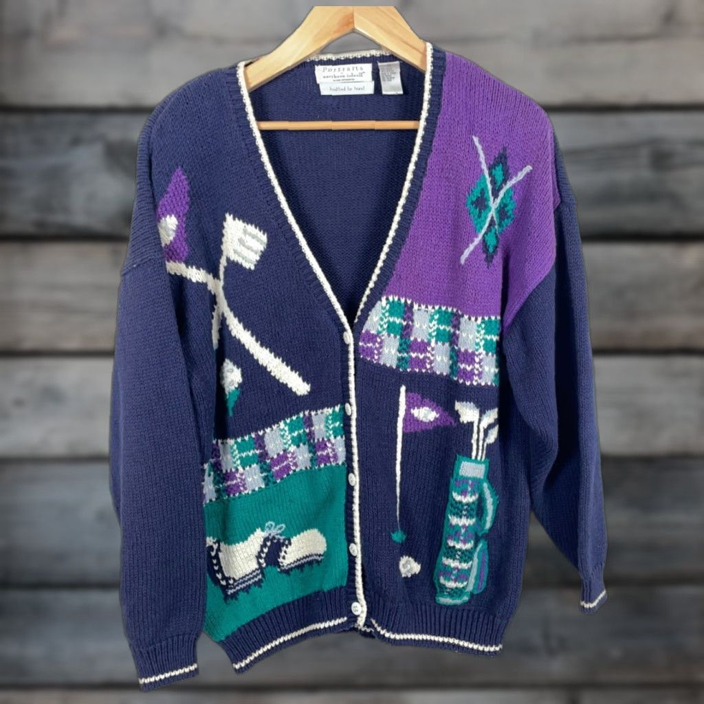 Vintage VINTAGE Northern Isles Cardigan Women's 3X Blue Purple Hand Knit Sweater Golf Portraits Retro 90s Size XXL / US 16-18 / IT 52-54 - 1 Thumbnail