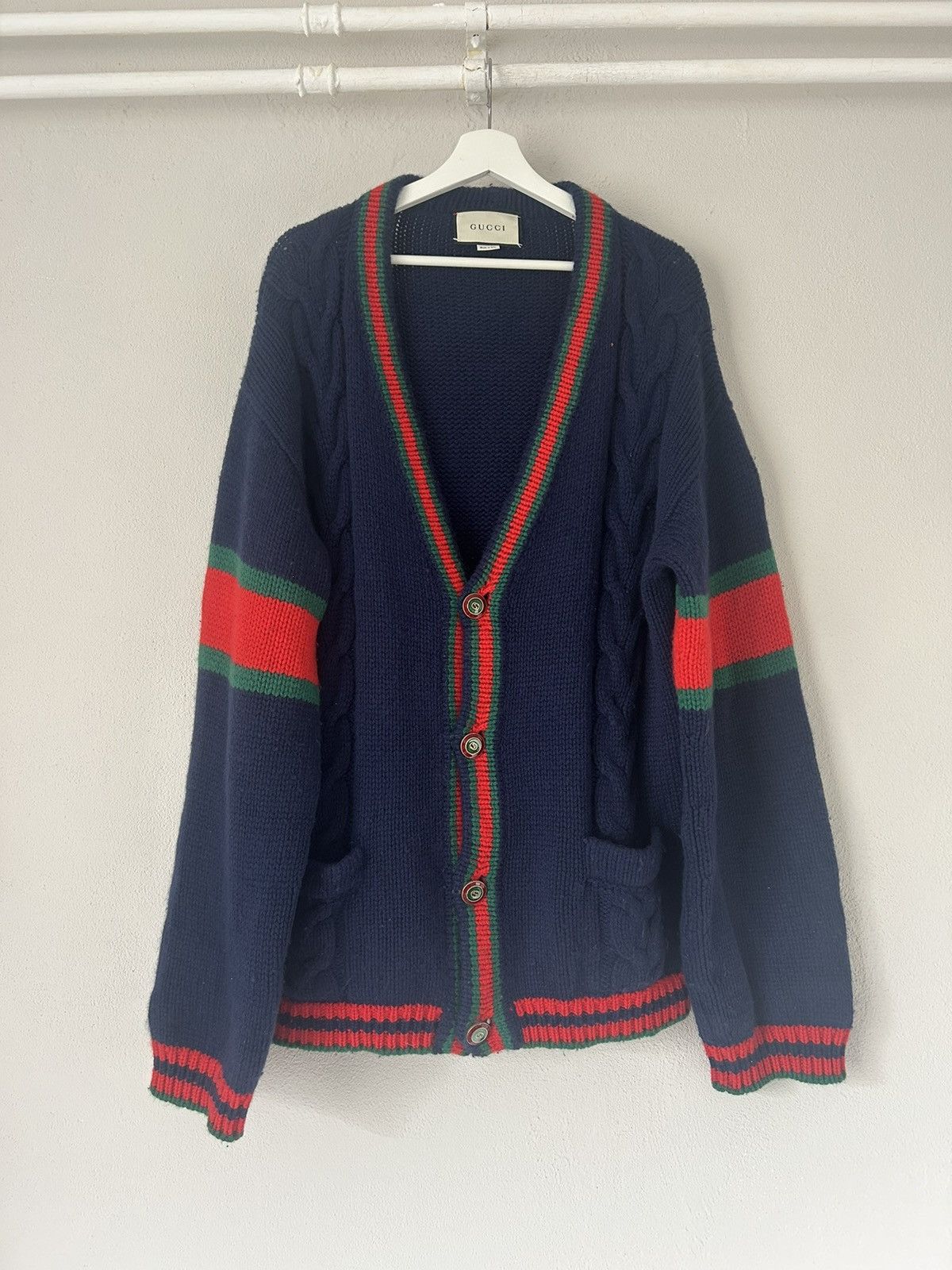 image of Gucci Web Wool Cable-Knit Cardigan in Navy, Men's (Size XL)