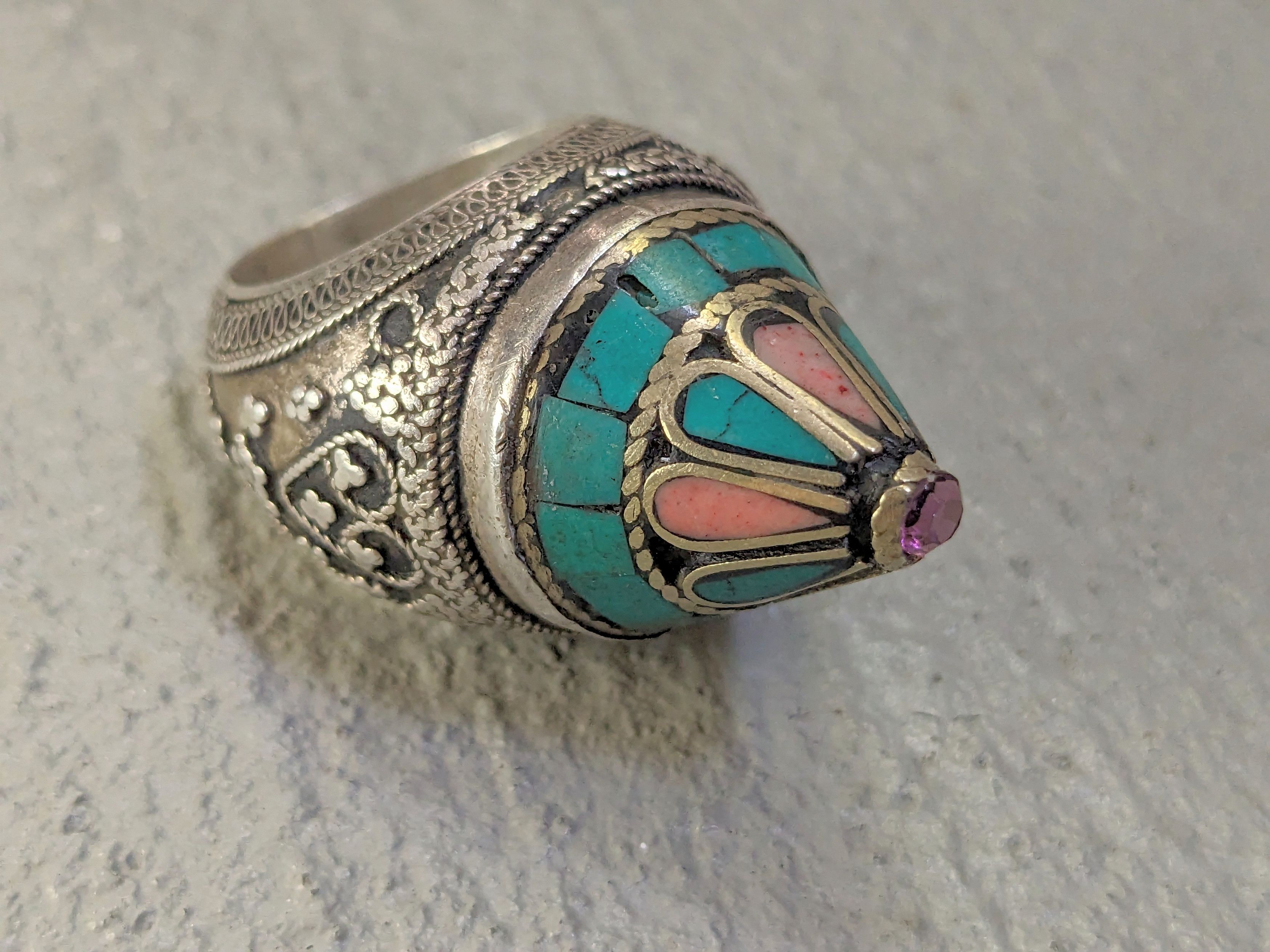 Jewelry Vintage Coral Turquoise Ring 8.5 Tribal Kuchi Afghanistan Size ONE SIZE - 7 Thumbnail