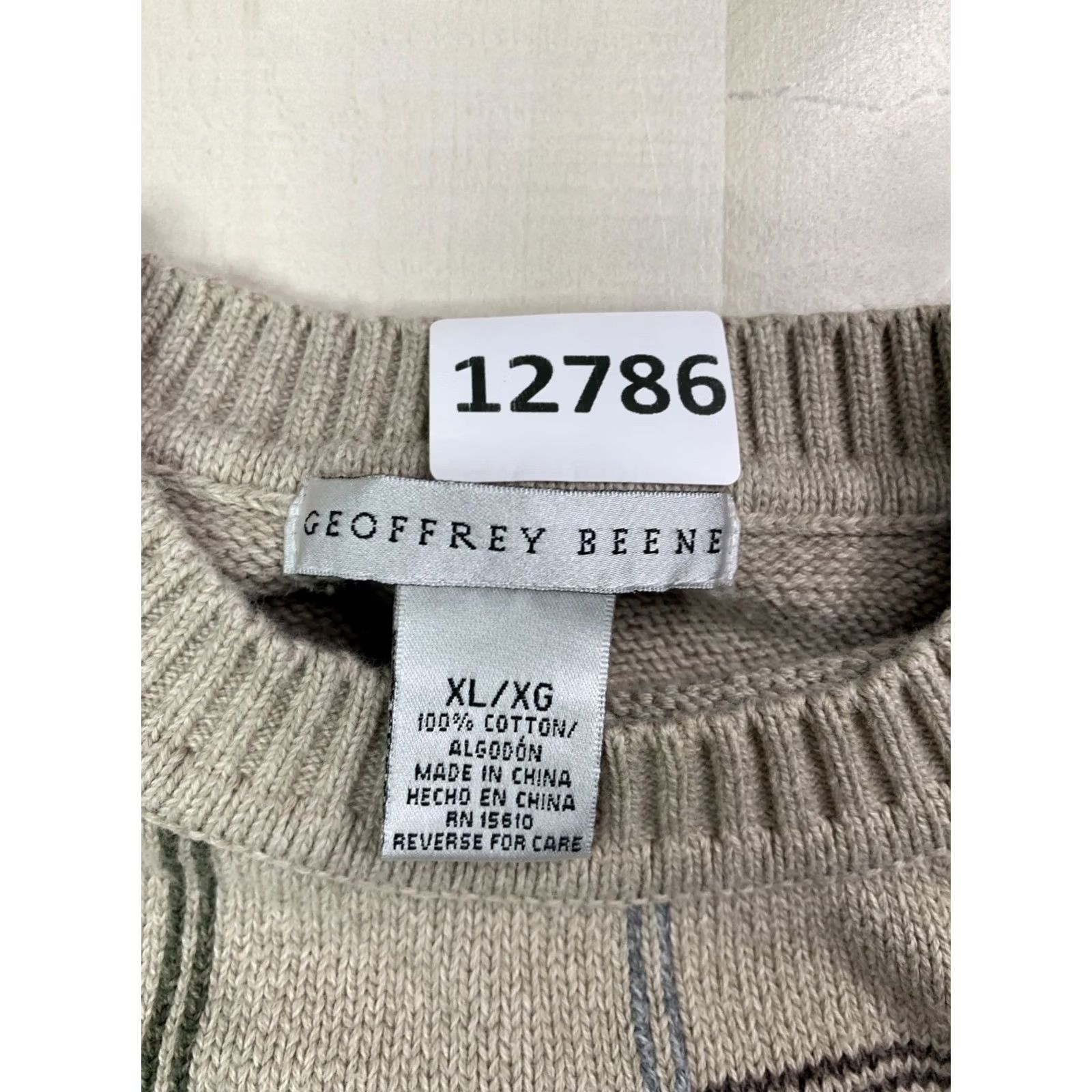 Geoffrey Beene VINTAGE Geoffrey Beene Mens XL Sweater Knit 100% Cotton Beige Crew Neck Long Sleeve Geometric Square Knit Pullover Casual Winter Size US XL / EU 56 / 4 - 4 Thumbnail