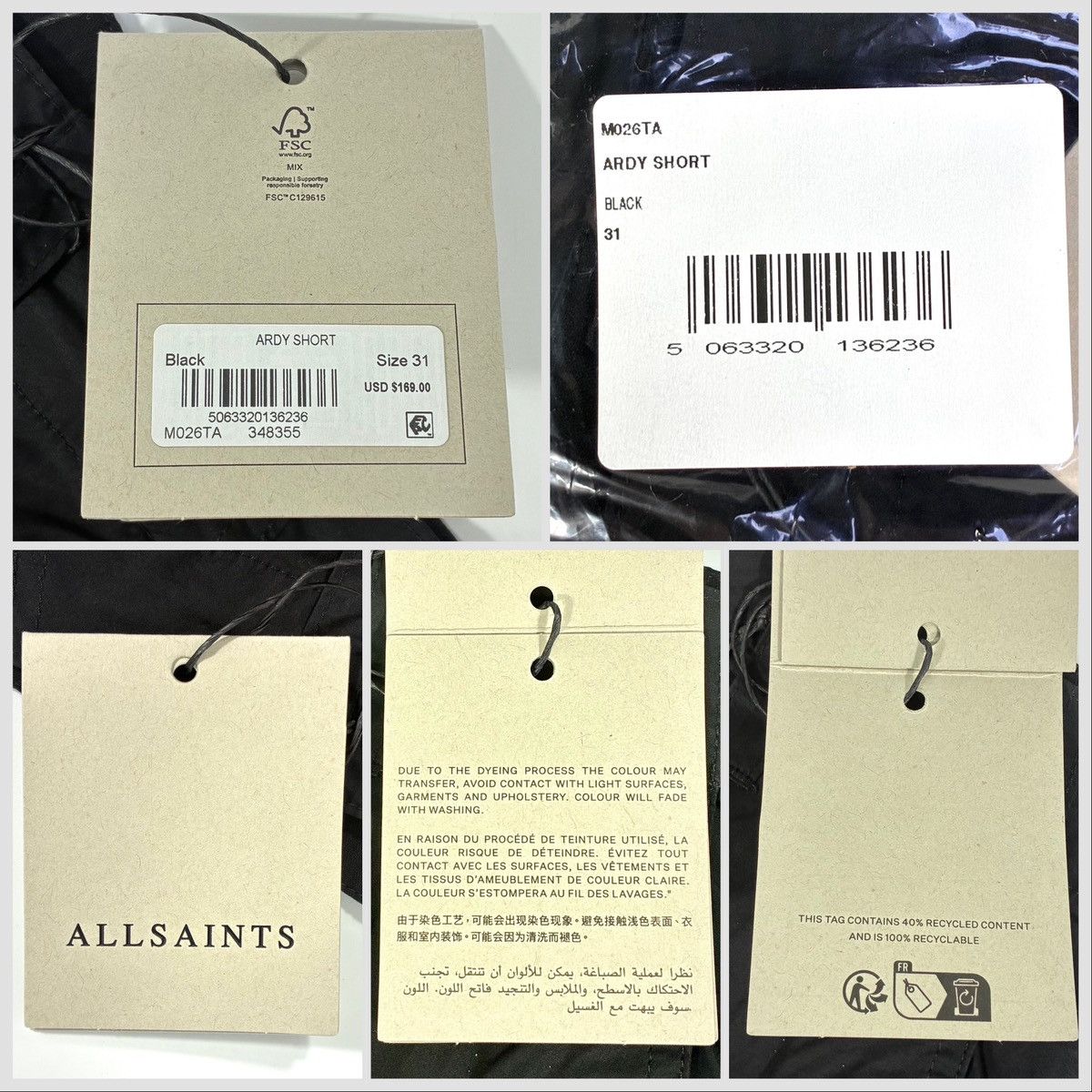 Allsaints All Saints Ardy Cargo Mens Shorts Black W 31 Organic Cotton Size US 31 - 5 Thumbnail
