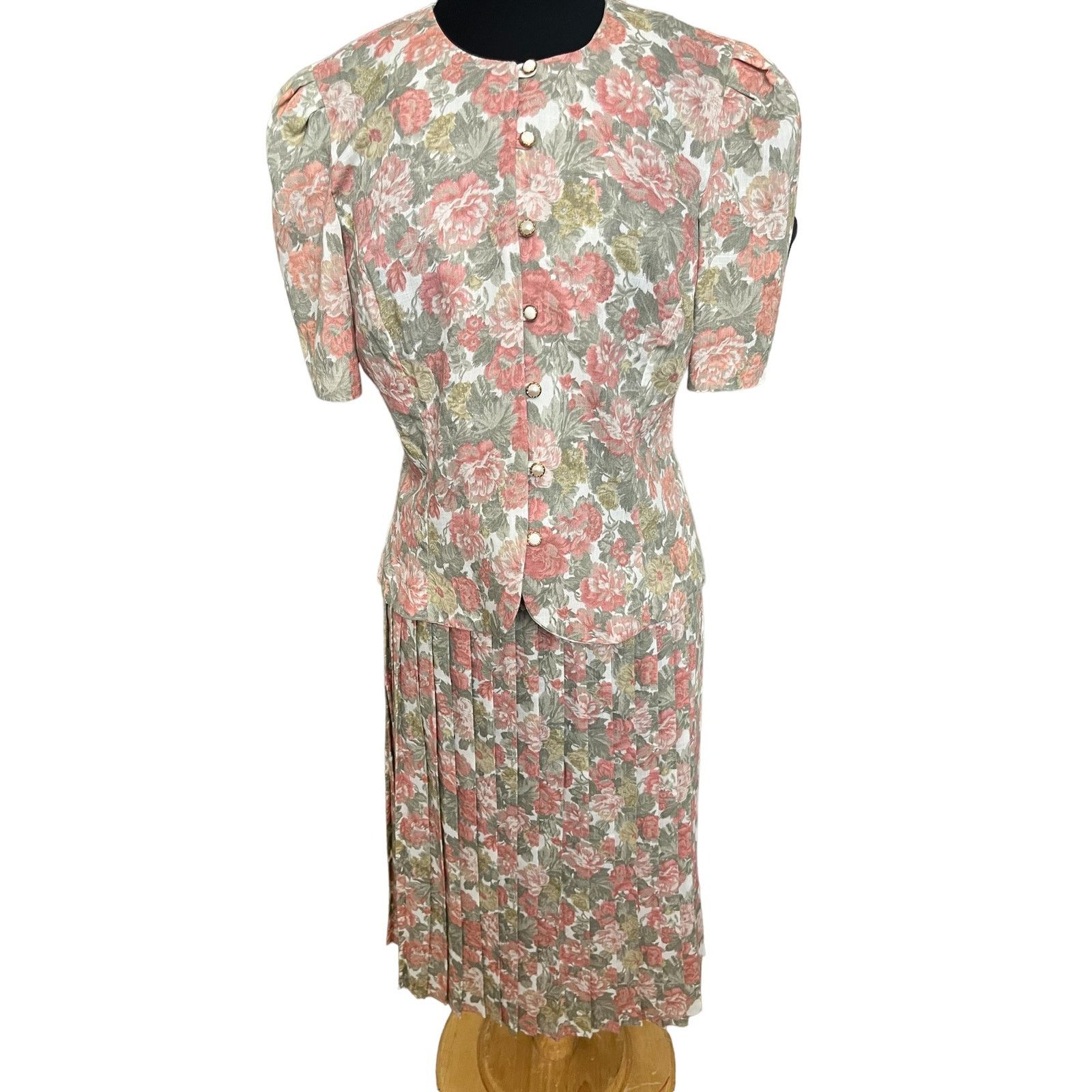 Vintage Vintage 80s Pink White Floral Pleated Top Skirt Set 14 Large Size 36" / US 14 / IT 50 - 1 Thumbnail