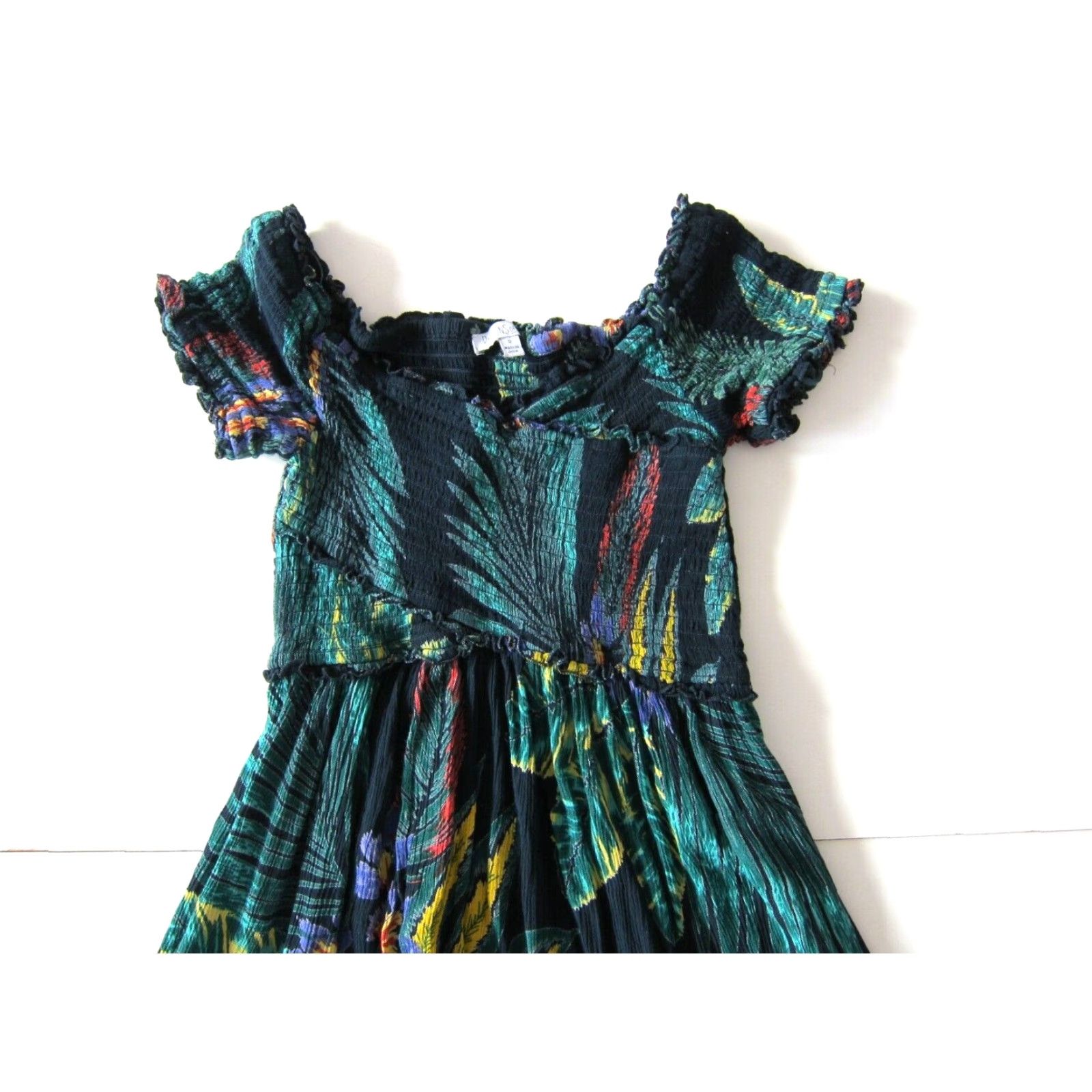 VINTAGE Patrons Of Peace 100% Rayon Green Red Yellow Floral Empire Boho  Dress Small