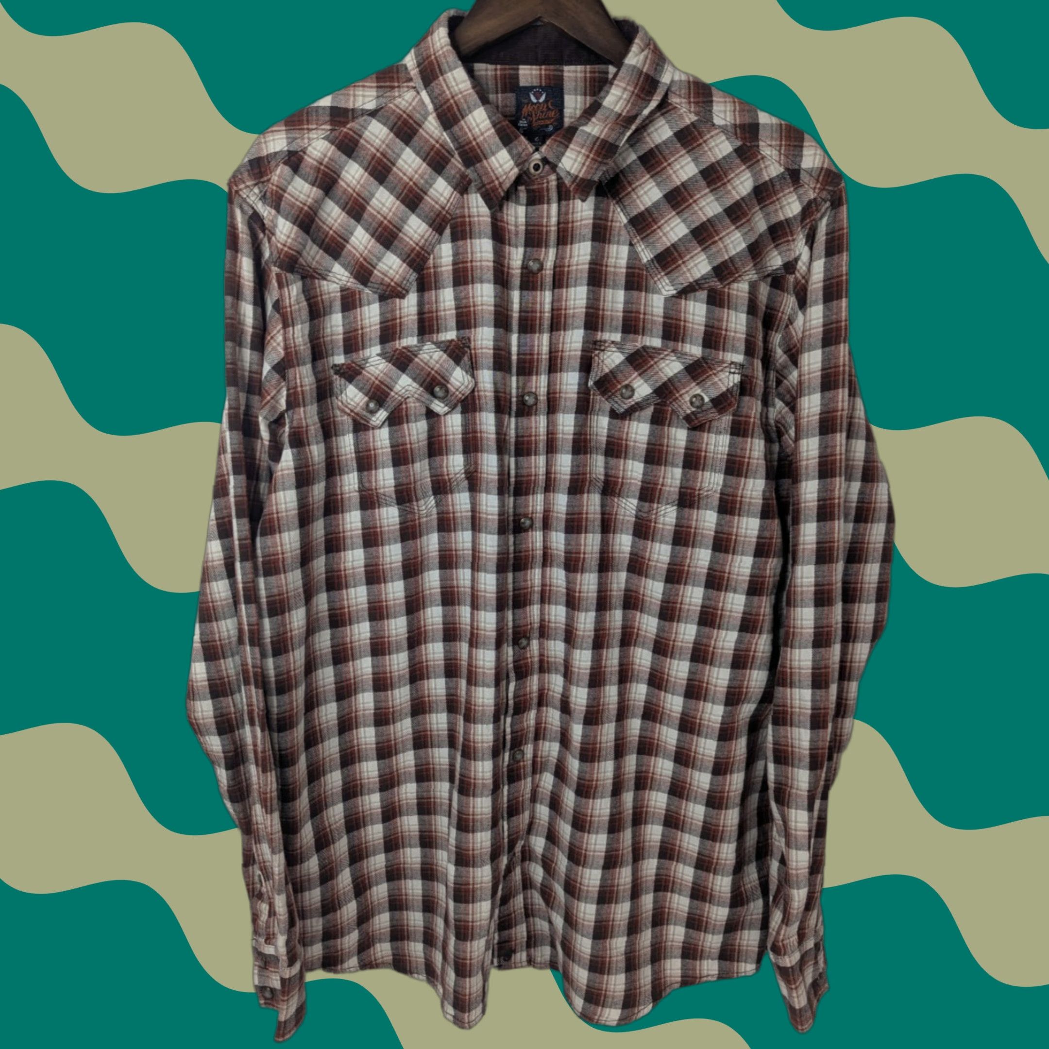 Vintage Moonshine Spirit by Brad Paisley Shirt Long Sleeve Button-Up Flannel Brown Beige Cotton Plaid Snap Pockets Cowboy Western Cowboy Mens L Size US L / EU 52-54 / 3 - 1 Thumbnail
