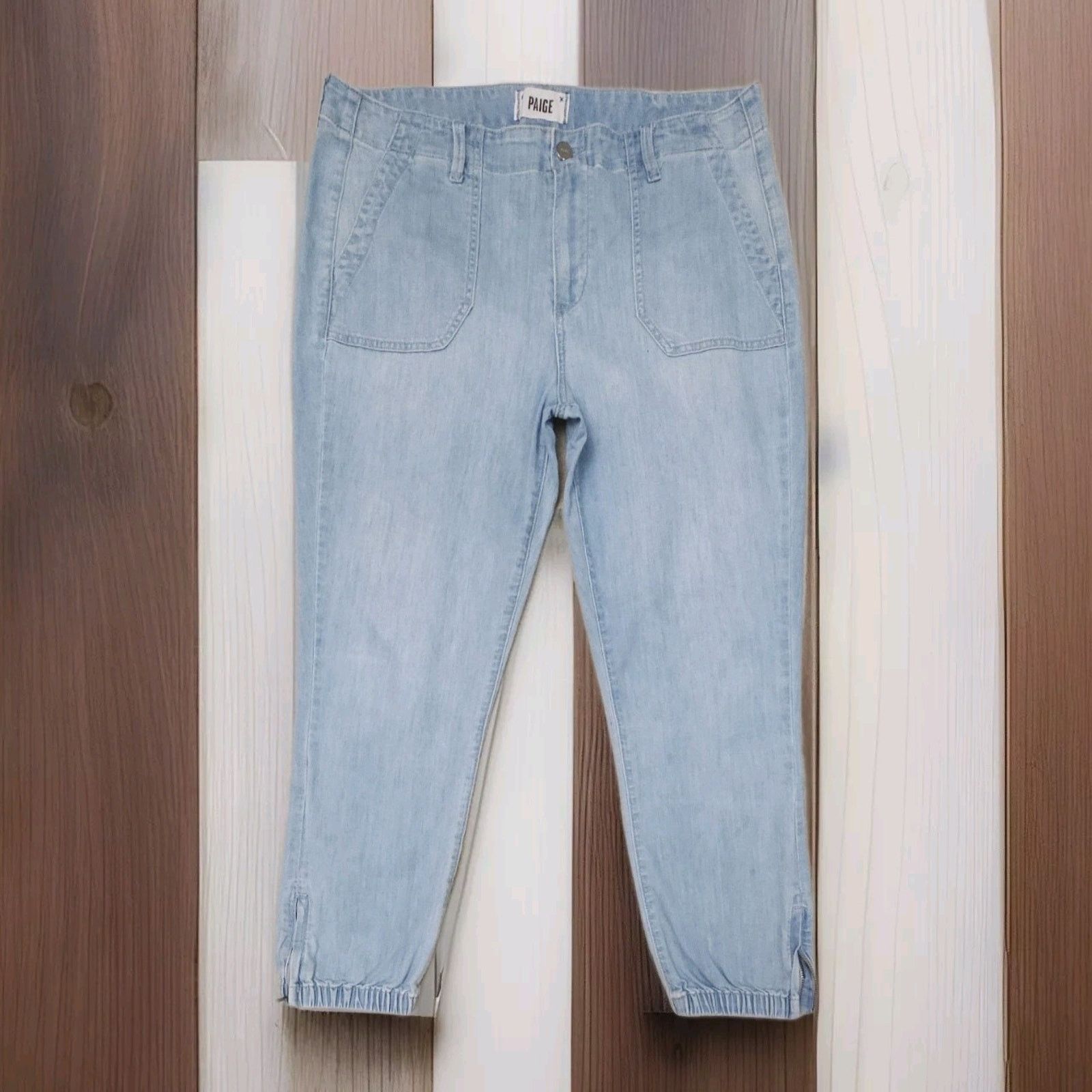 Paige Paige Mayslie High-Rise Denim Joggers Light Wash Zip Hems Size 31" - 1 Thumbnail