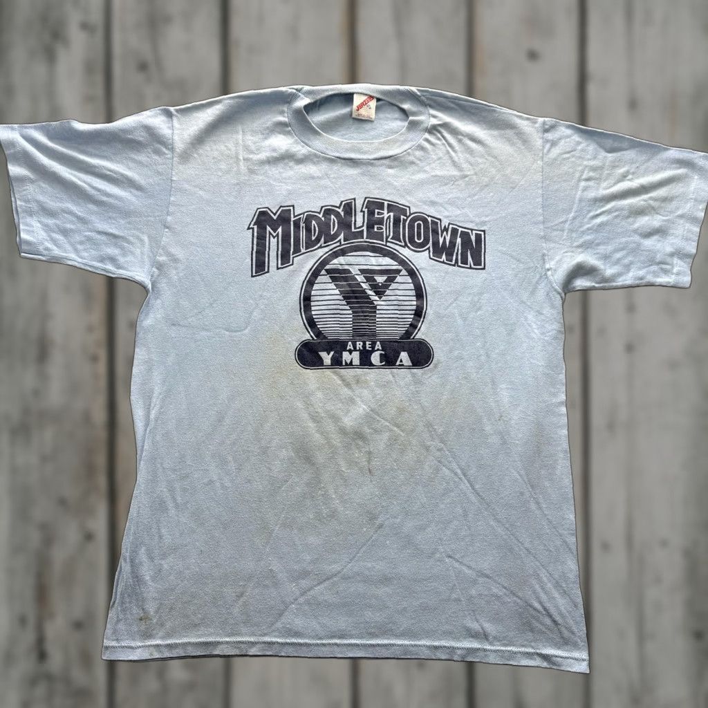 Jerzees VINTAGE YMCA Shirt Mens XL Blue Middletown Graphic 80s Made USA Single Stitch Size US XL / EU 56 / 4 - 1 Thumbnail