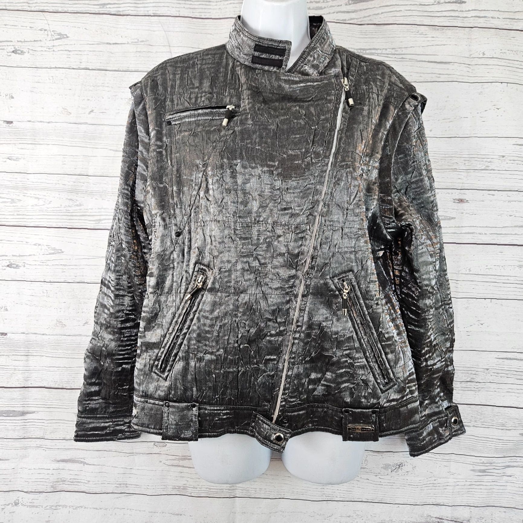 Vintage Jamie Sadock Womens Jacket Sz Medium Silver Zip Pockets Textured Rayon Blend Vintage No (IF vintage) Size ONE SIZE - 2 Thumbnail