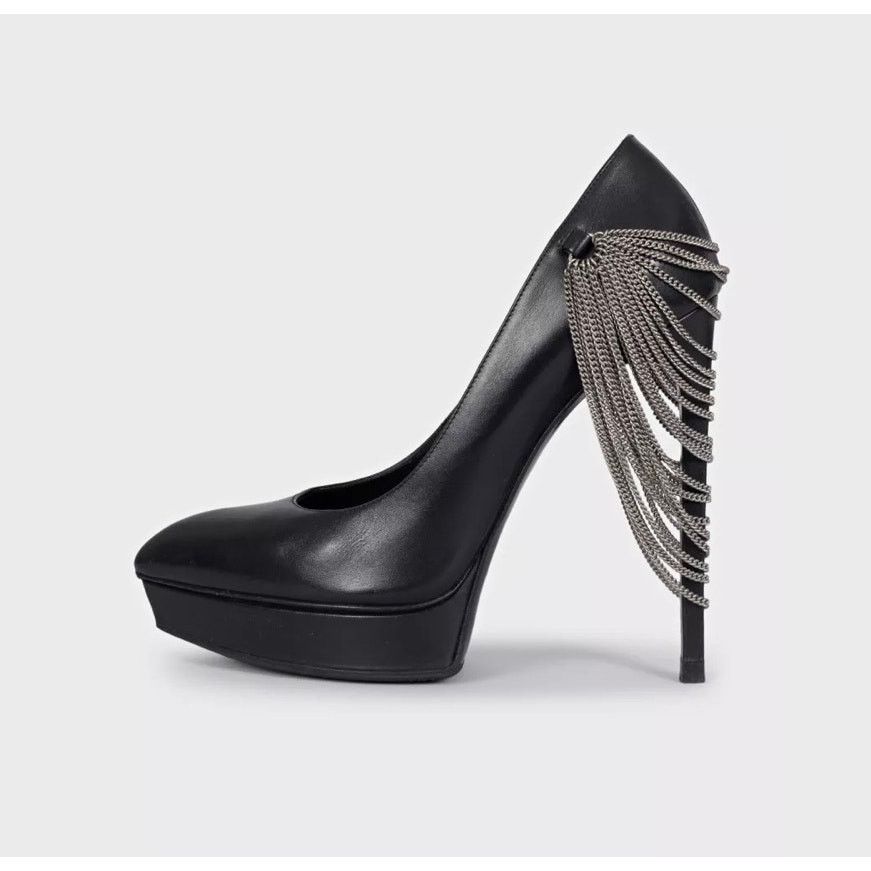 Saint Laurent Paris Saint Laurent Chain-Detail Black Leather Heels Sz.37 Size US 6 / IT 36 - 1 Thumbnail