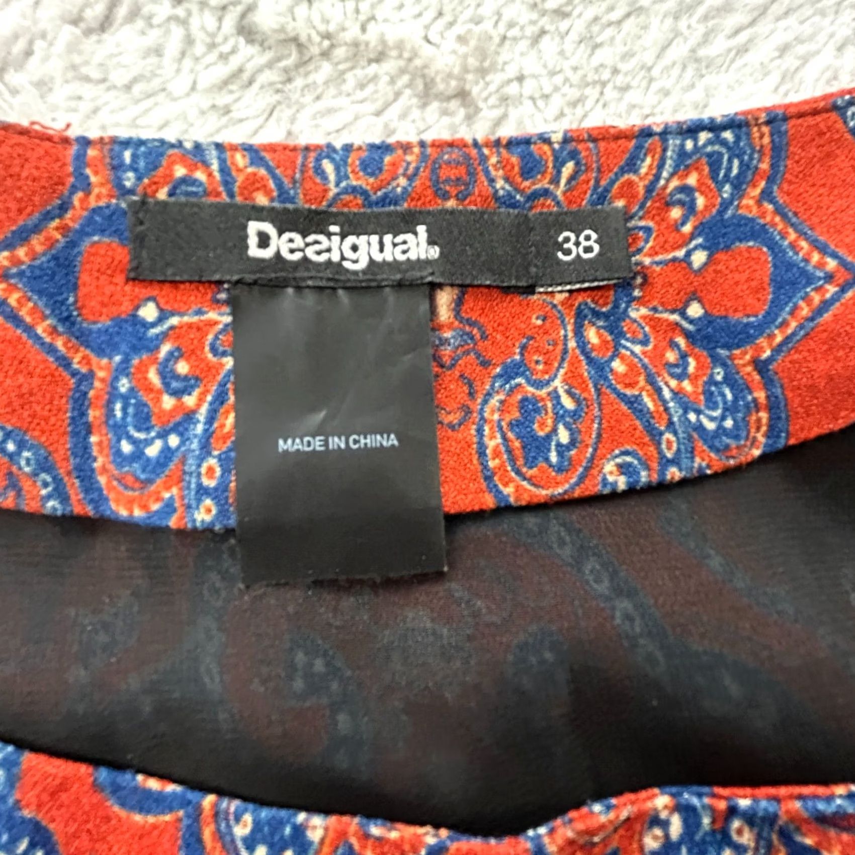 Desigual Desigual Tina Dress 38 Red/Blue Paisley Print 3/4 Sleeve Mini Shift Womens Size XS / US 0-2 / IT 36-38 - 3 Thumbnail