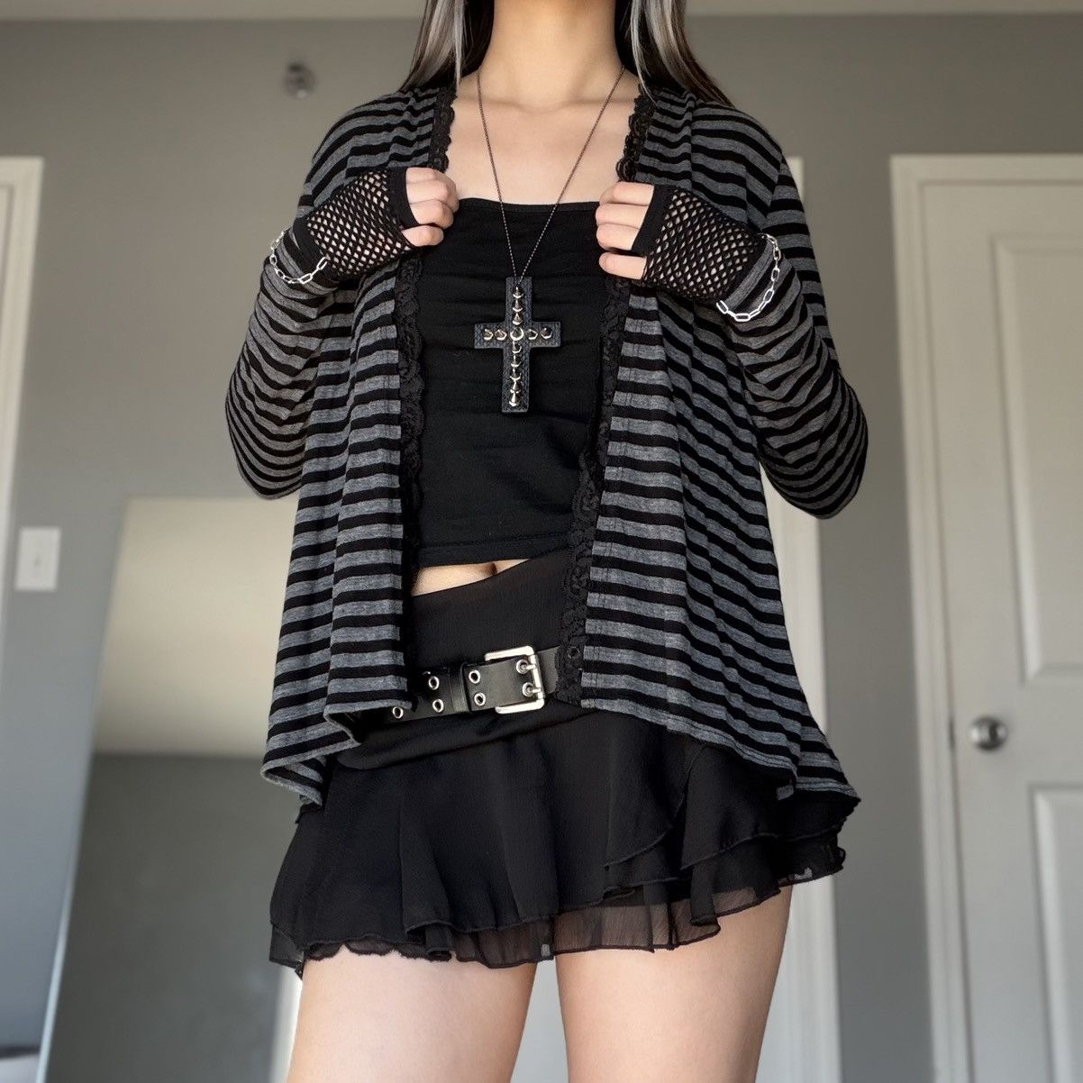 Other Mall Goth Black & Gray Striped Open Front Lace Trim Cardigan Size M / US 6-8 / IT 42-44 - 11 Thumbnail