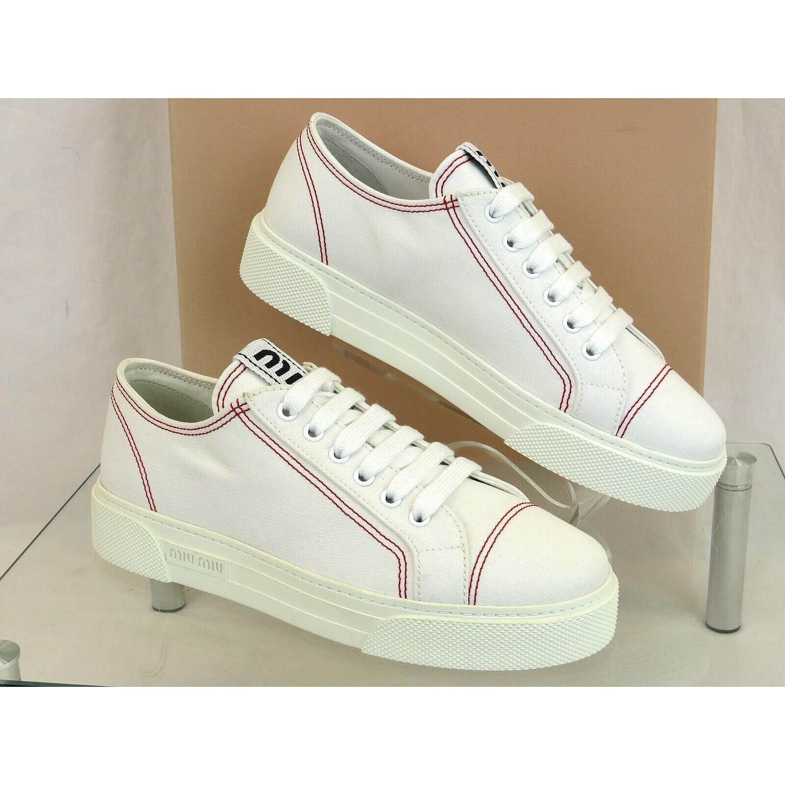 Miu Miu 5E004D WHITE CANVAS RED STITCHING LOGO LACE SNEAKERS 40 Size US 10 / IT 40 - 5 Thumbnail