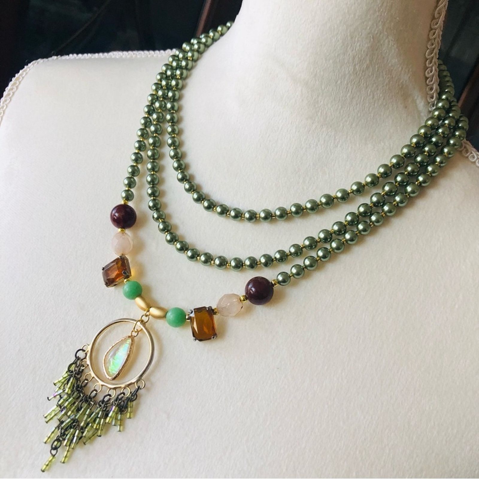 Handmade Handcrafted repurpose opal fringe Czech glass Pearl necklace Size ONE SIZE - 3 Thumbnail