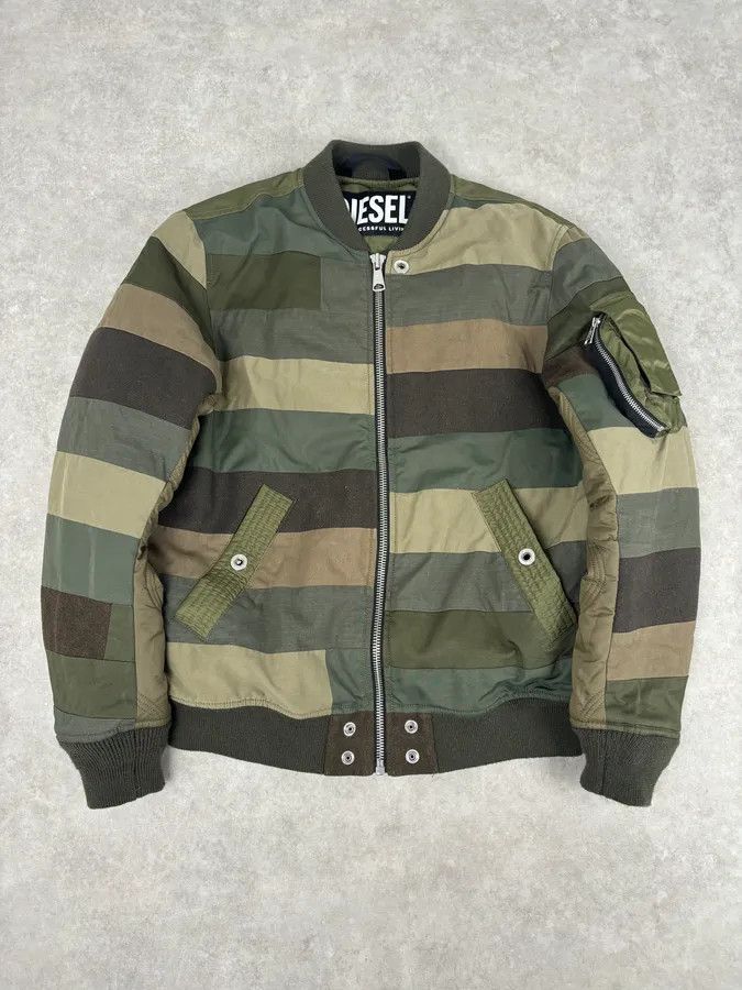 Diesel Diesel Khaki Green Nylon Striped Bomber Jacket Size US M / EU 48-50 / 2 - 1 Thumbnail