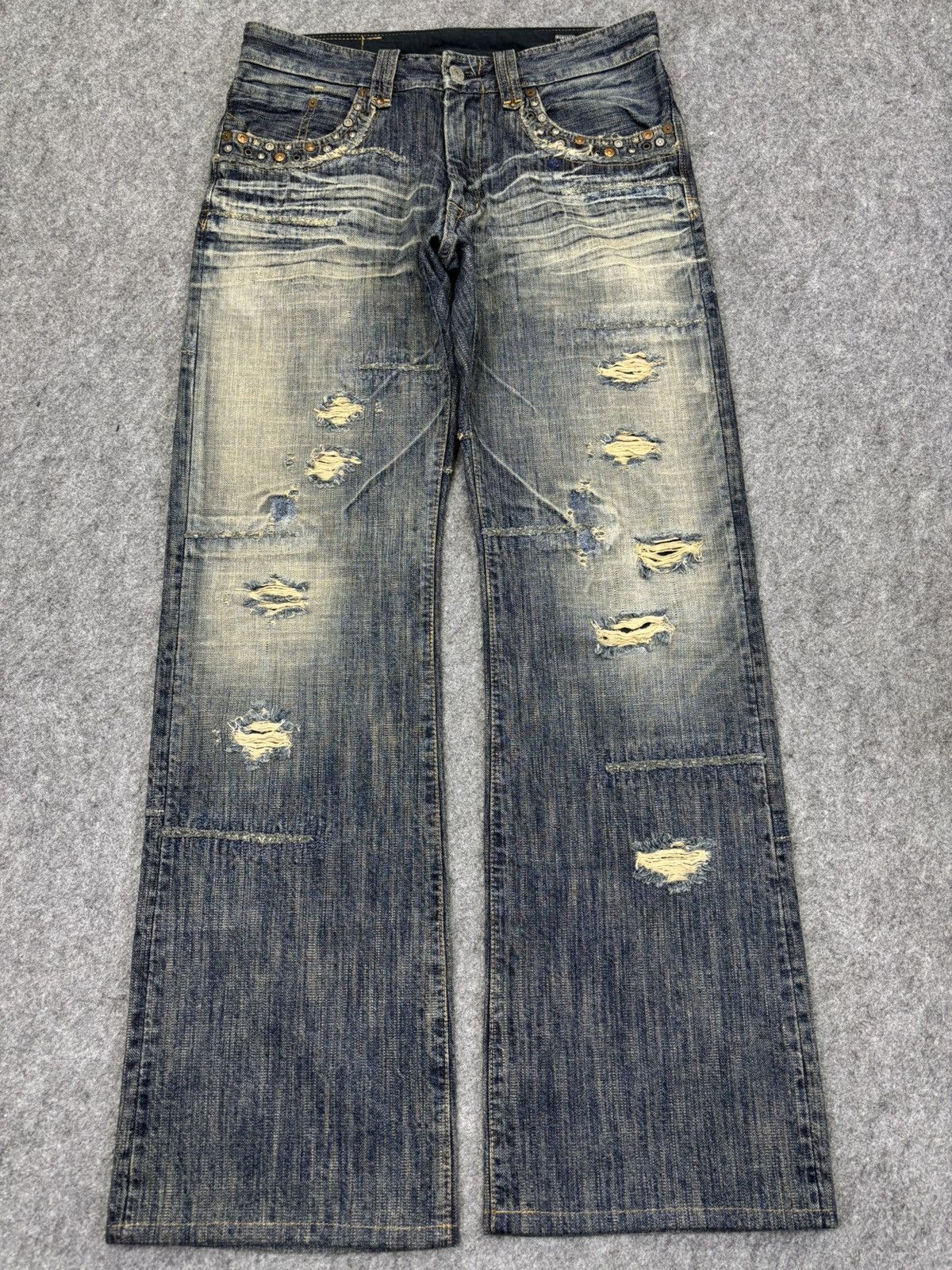 Japanese Brand 💥Insane Patchwork Style💥Bartack Distressed Denim K24 Size US 31 - 19 Thumbnail