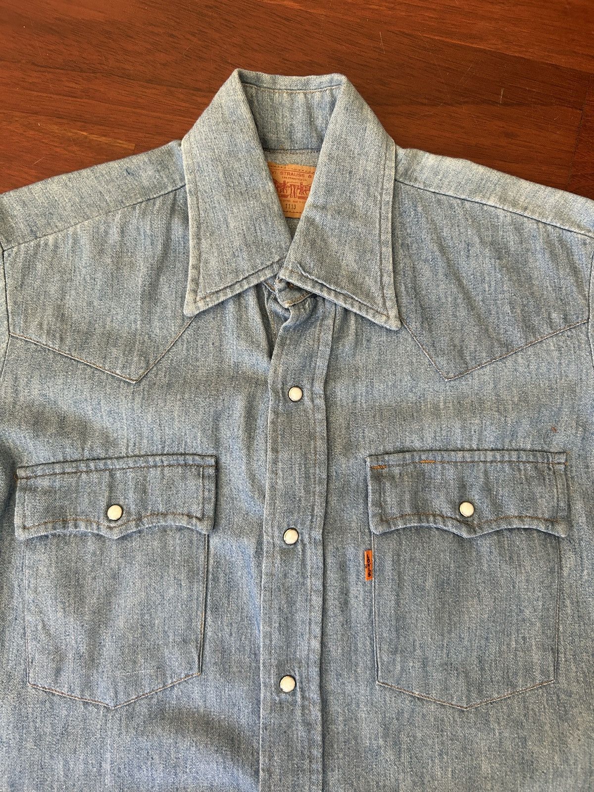 Vintage Rare Levi's LVC Denim Shirt, Pearl Snaps, Cloth Details, hot S