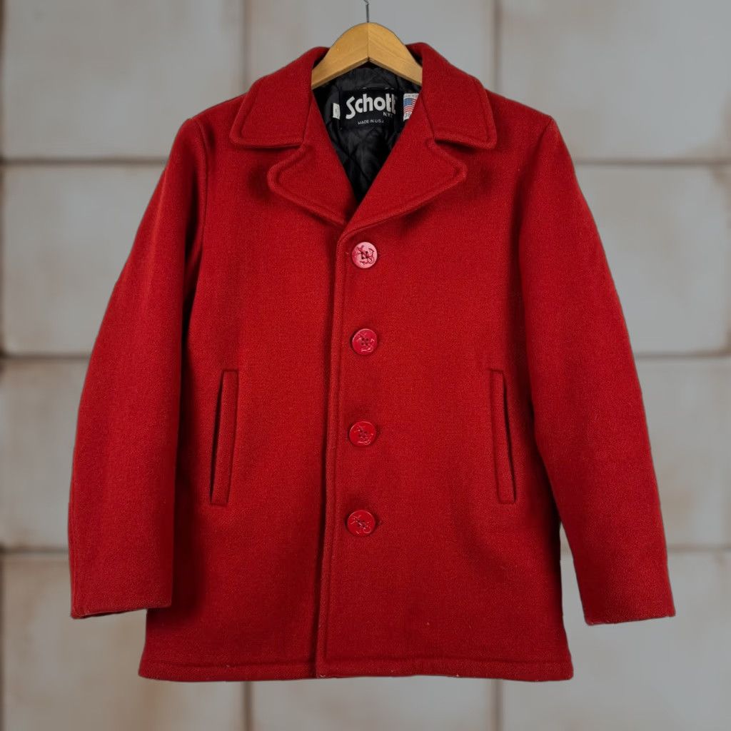 Schott VINTAGE SCHOTT MEN'S Coat Pea Jacket Sailor Red Wool 36 Single Breasted Anchor Buttons Navy Lined Winter Fall Mens Size US XXS / EU 40 - 1 Thumbnail