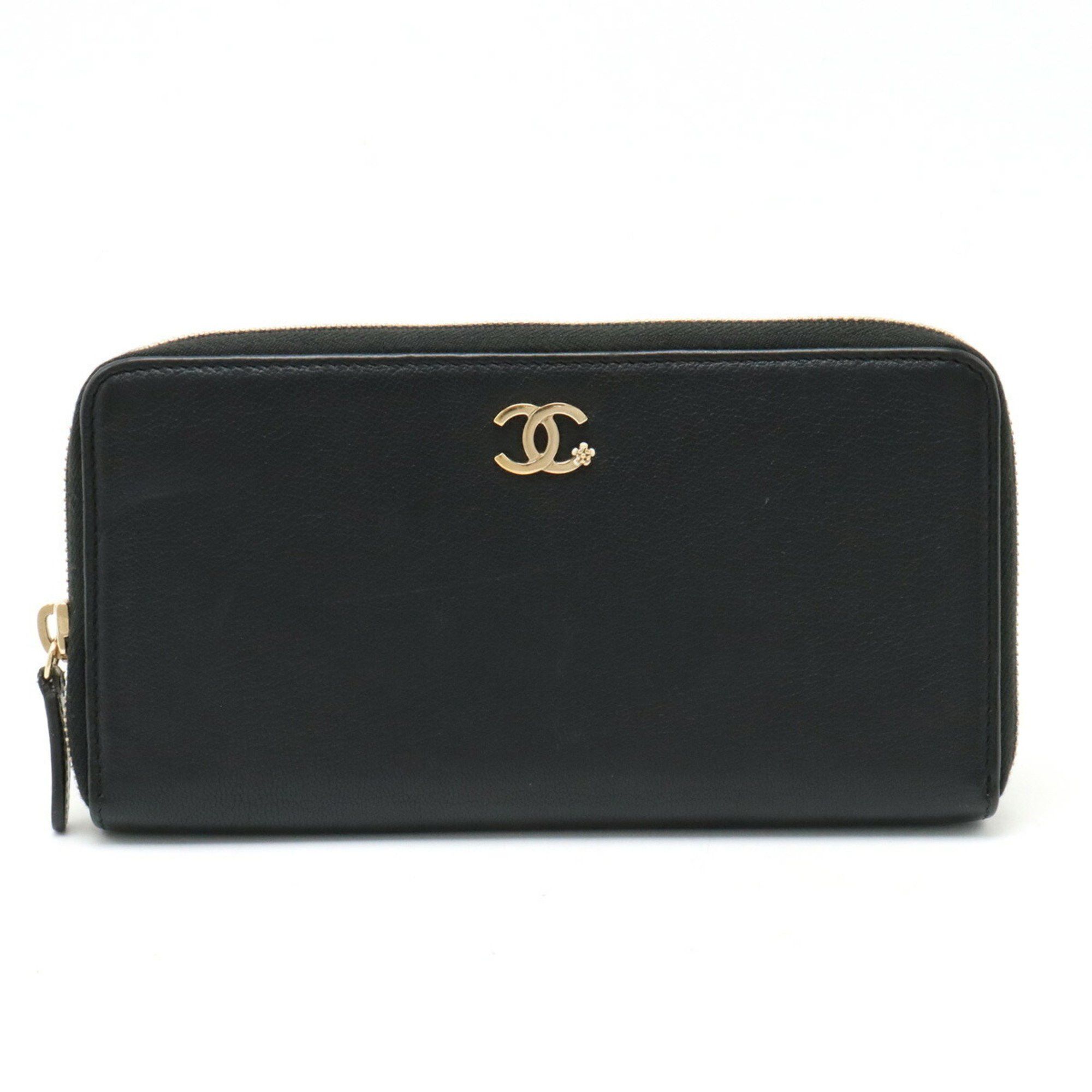 image of Chanel Lucky Flower Coco Mark Round Long Wallet Leather Black A81657, Women's