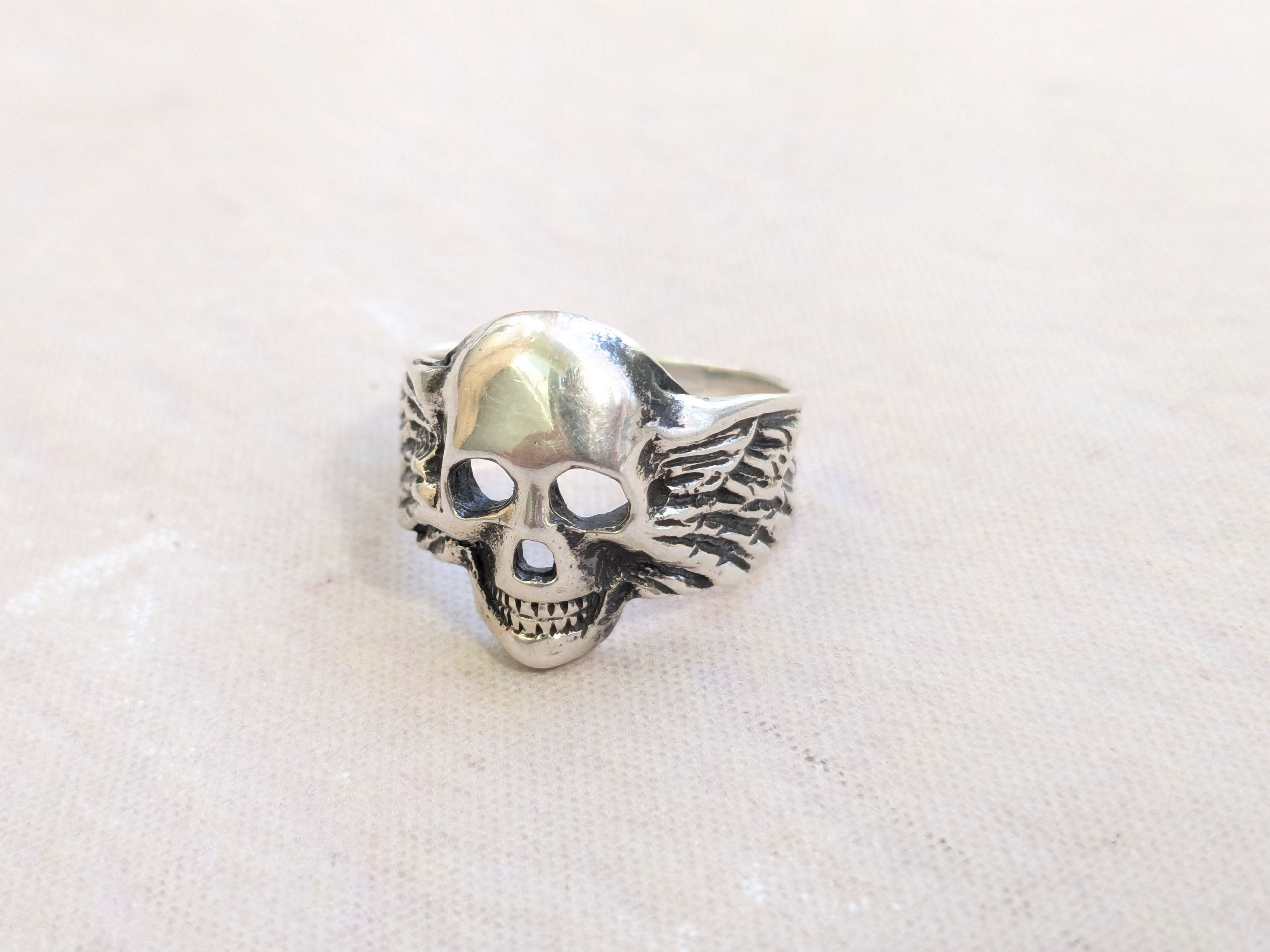 Jewelry × Vintage Vintage Sterling Silver Skull Ring Biker 10.75 Wings Size ONE SIZE - 4 Thumbnail