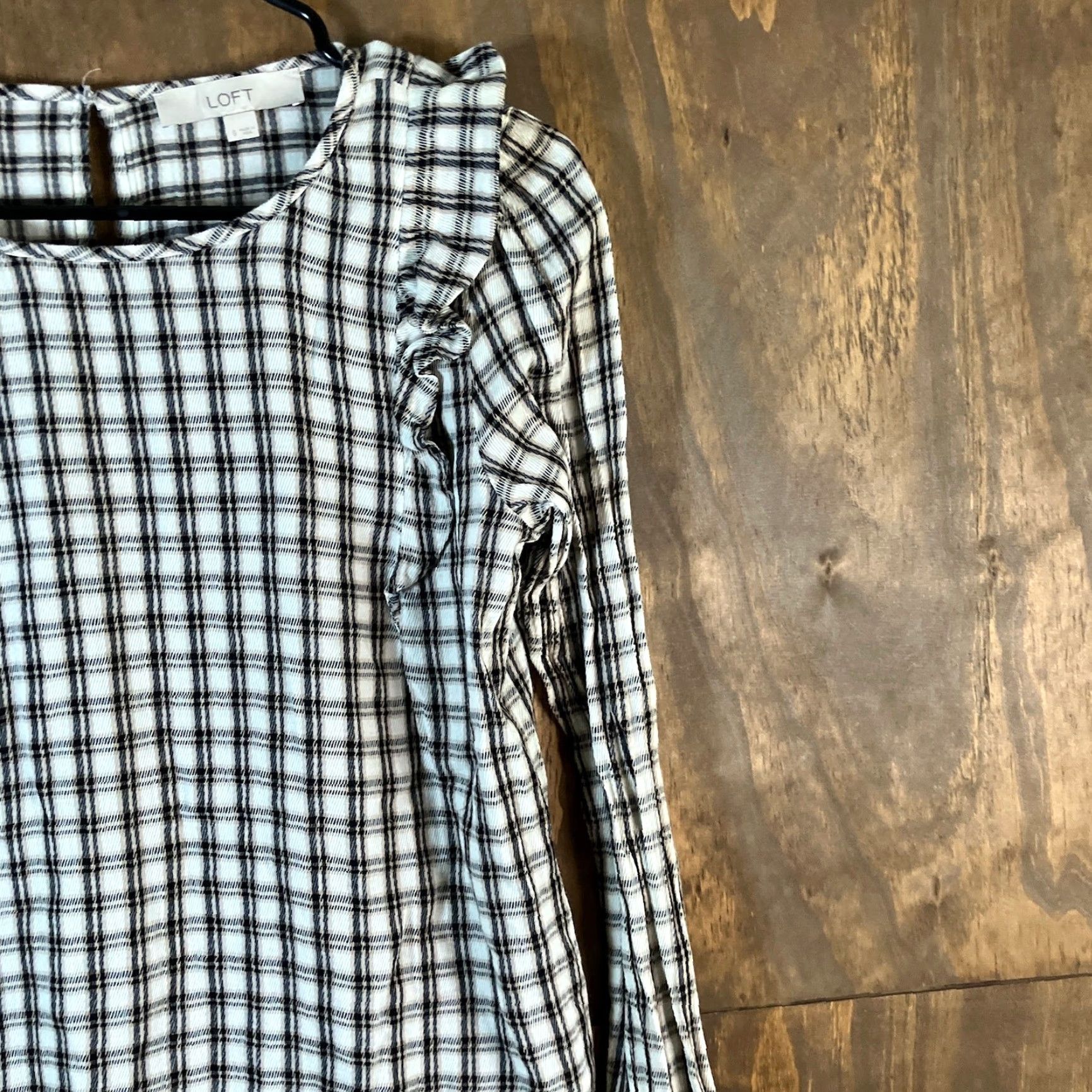 Loft LOFT Womens Blouse White Multicolor Plaid Ruffle Long Sleeve 100% Cotton Small Size S / US 4 / IT 40 - 5 Thumbnail