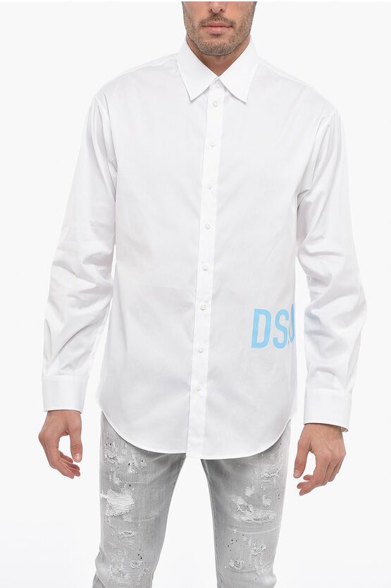 image of Dsquared2 Dropped Shoulder Cotton Shirt With Printed Logo in White, Men's (Size Small)