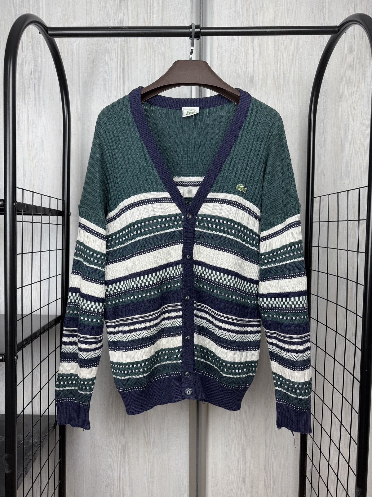 Lacoste Lacoste vintage 90s green striped cotton blend cardigan Size US L / EU 52-54 / 3 - 1 Thumbnail