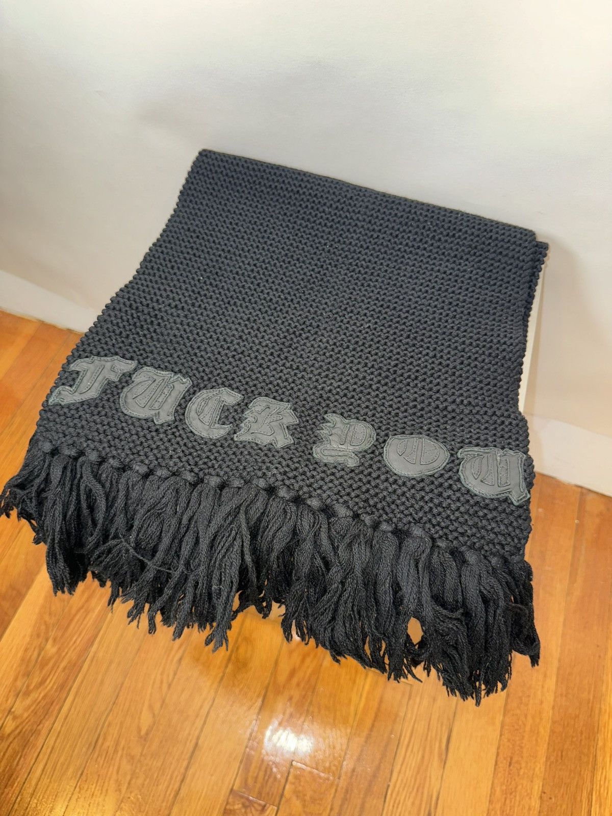 Chrome Hearts 🚭INSANE OG CHROME GRAIL🚭”FUCK YOU” KNIT LEATHER/WOOL SCARF Size ONE SIZE - 4 Thumbnail