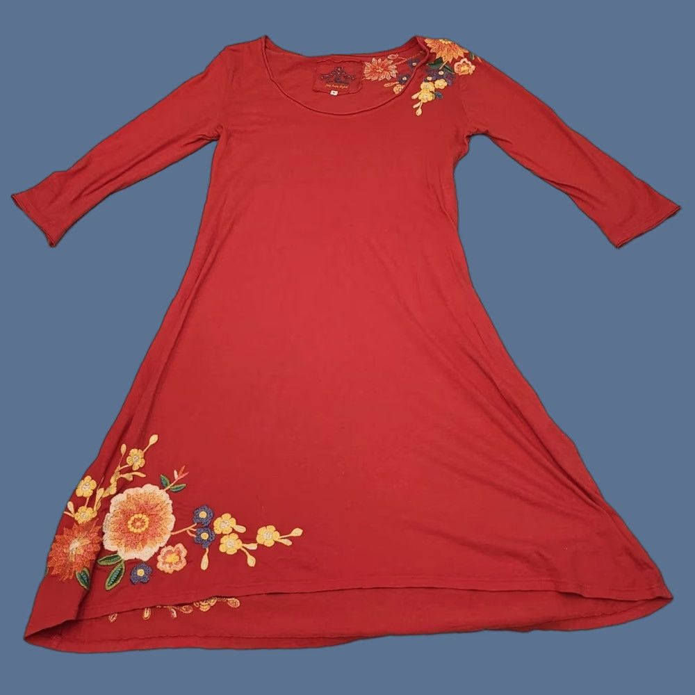 Johnny Was VINTAGE JW Los Angeles Dress Womens S Red Embroidered Floral A-Line 3/4 Sleeve Boho Shirt Dress Womens Size S / US 4 / IT 40 - 1 Thumbnail