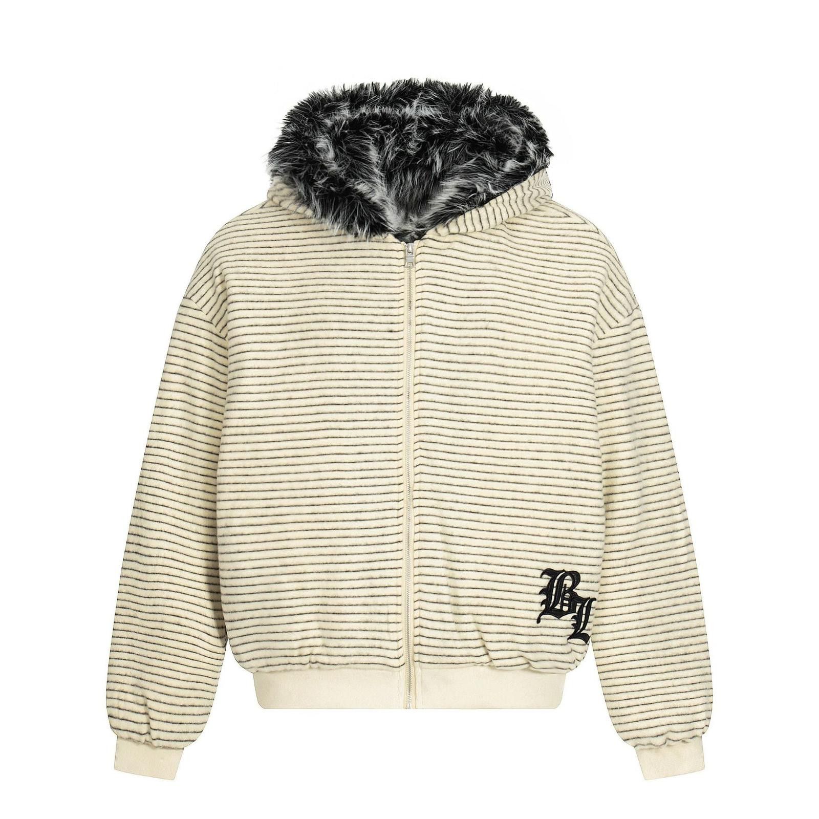 Japanese Brand Cream Striped Faux Fur Lined Varsity Jacket, Cozy Outerwear Size US M / EU 48-50 / 2 - 1 Thumbnail