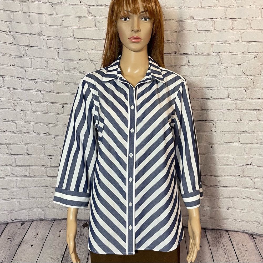 Chicos New Chico's No-Iron Cotton Striped Stain Shield Shirt Size Size L / US 10 / IT 46 - 4 Thumbnail