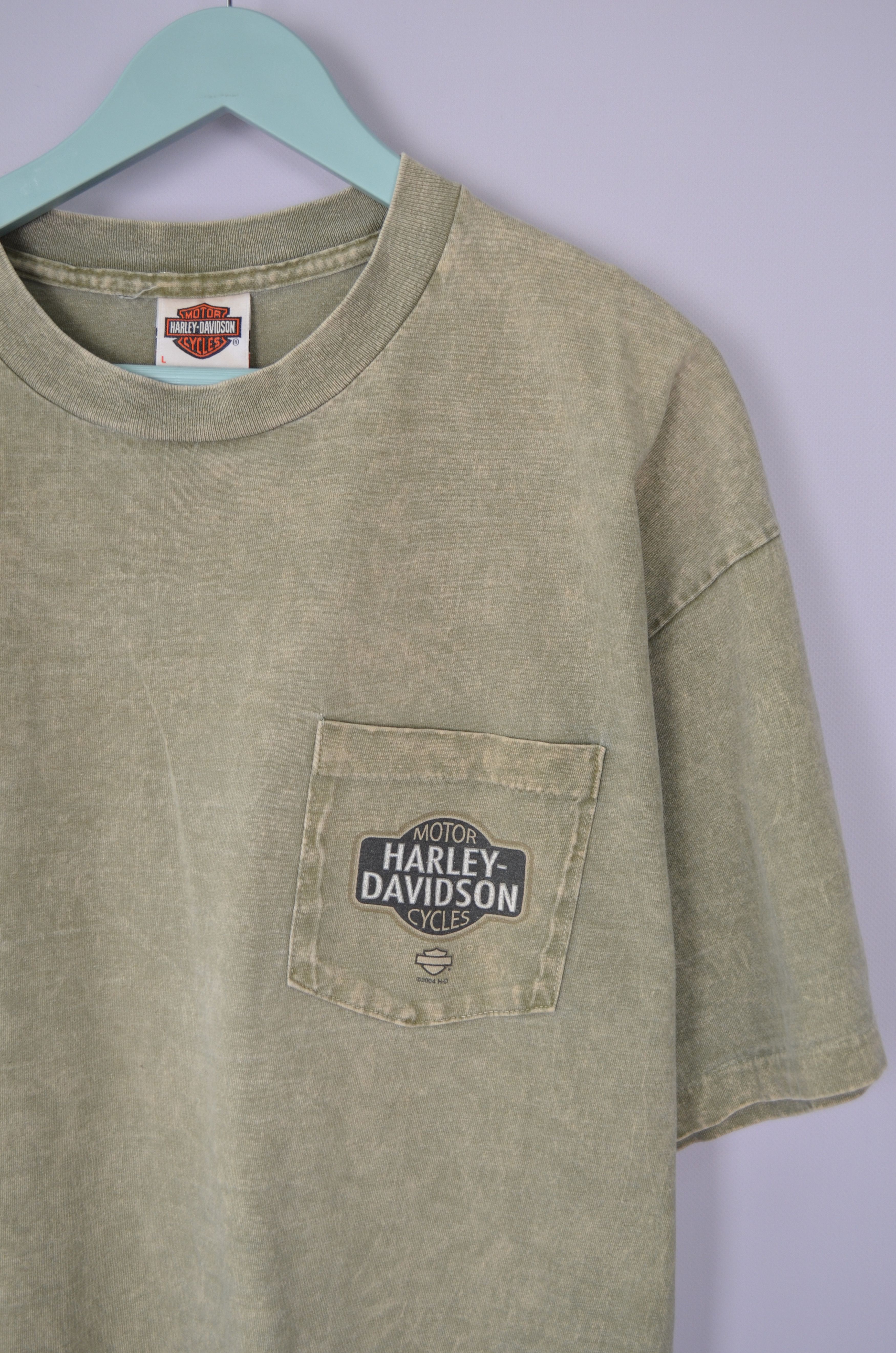 Harley Davidson × Vintage Harley Davidson Khaki Big Logo T Shirt Sz L 2004 Made in USA Size US L / EU 52-54 / 3 - 3 Thumbnail