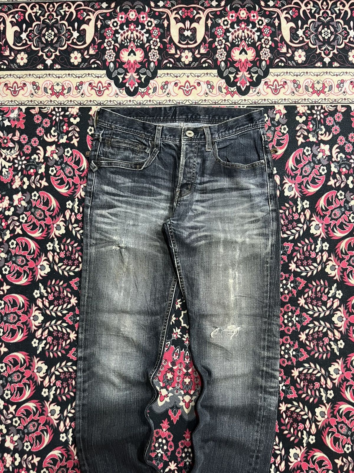 Japanese Brand Difference Rupert Dark Faded Washed Whisker Ripped Jeans Size US 30 / EU 46 - 3 Thumbnail