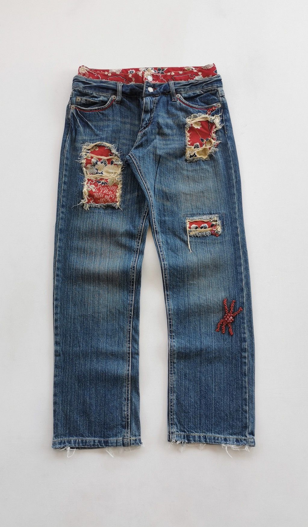Japanese Brand Unbrand Double Waist Red Flowers Denim Jeans Size US 30 / EU 46 - 5 Thumbnail