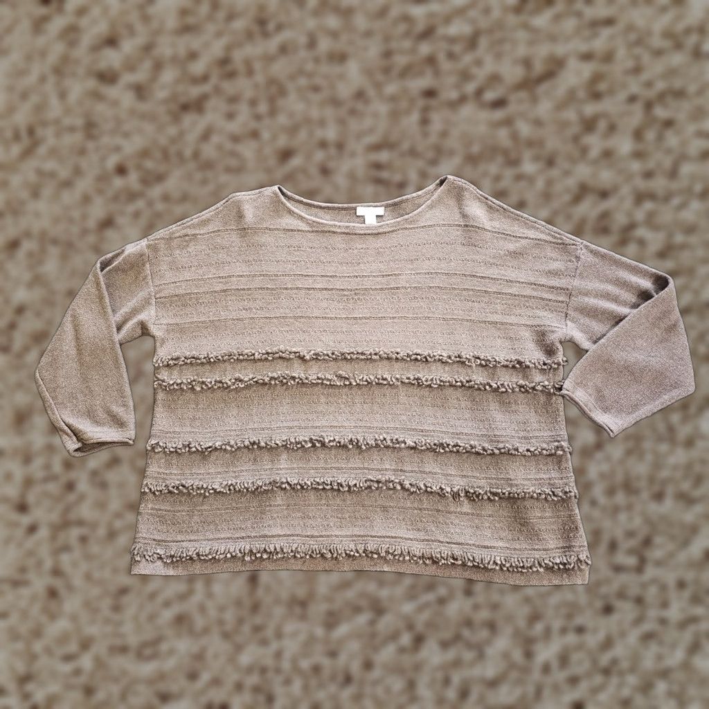 J. Jill J Jill Sweater Top Womens Medium Petite Gray Tan Knit Fringe Cropped Casual Pullover 3/4 Sleeve Round Neck Regular Fit Size M / US 6-8 / IT 42-44 - 1 Thumbnail