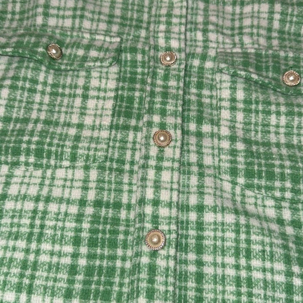 Forever 21 FOREVER 21 shacket Jacket Women M Green plaid Pearl Gold buttons Mid-Length Cotton Blend Button Pockets Relaxed 21st Century? Size M / US 6-8 / IT 42-44 - 5 Thumbnail