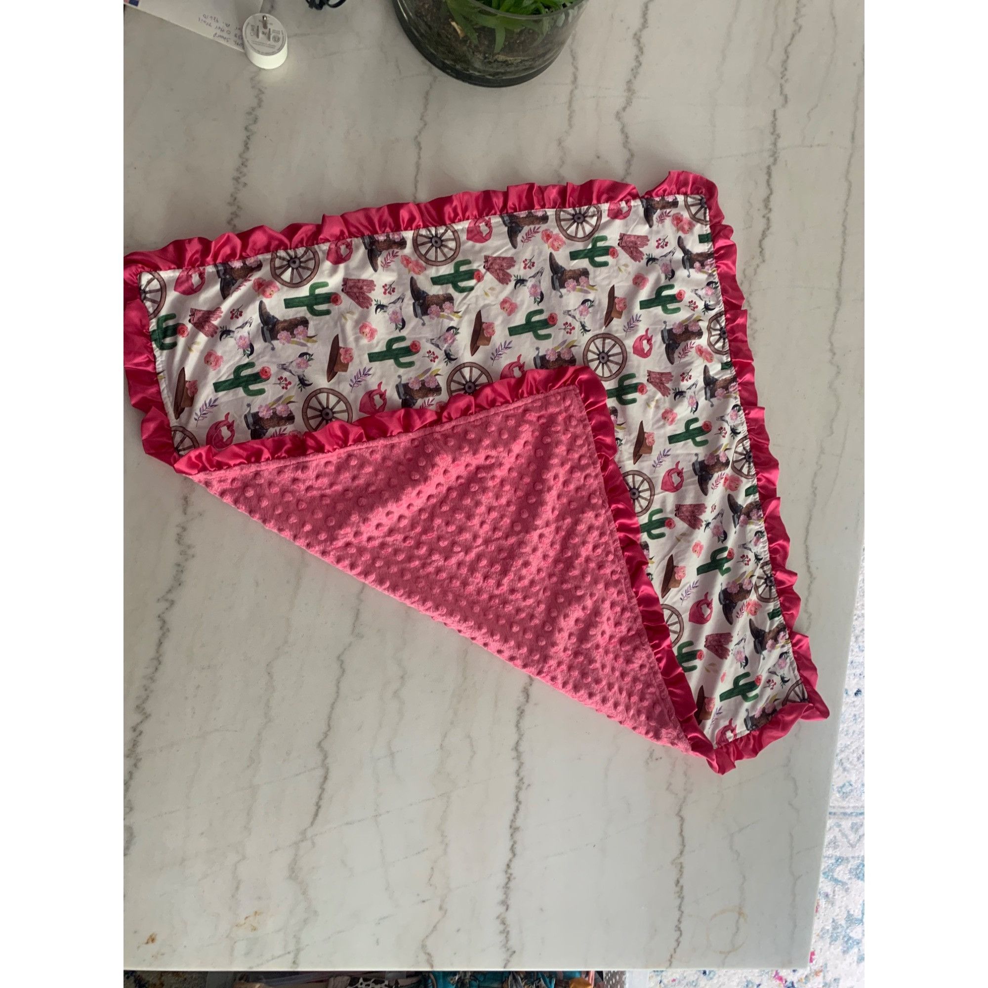 Other Western-Themed Baby Blanket With Pink Ruffle Edges & Minky B Size ONE SIZE - 3 Thumbnail