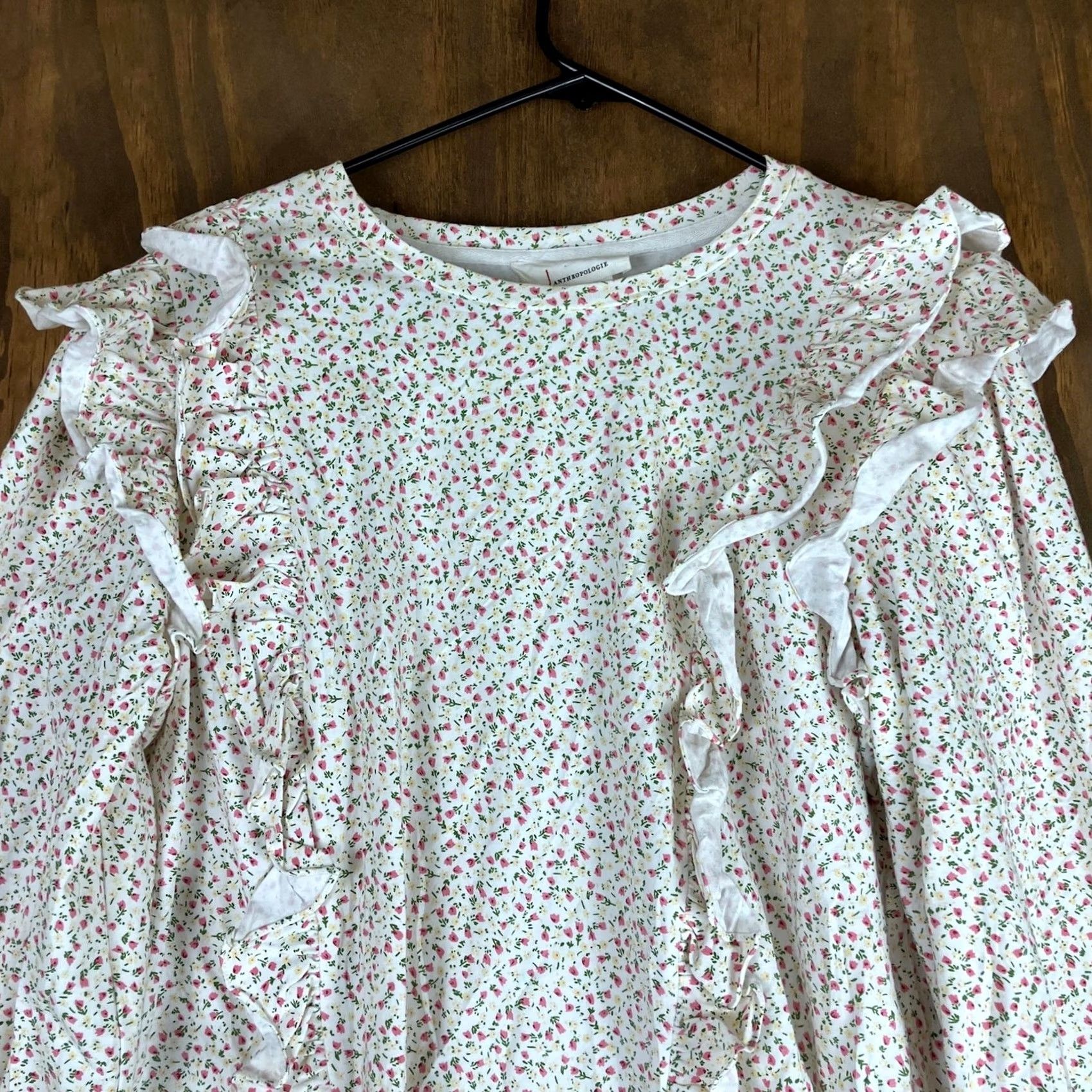Anthropologie Anthropologie Womens Blouse White Floral Allaire Ruffled Puffed Long Sleeve L Size L / US 10 / IT 46 - 2 Thumbnail