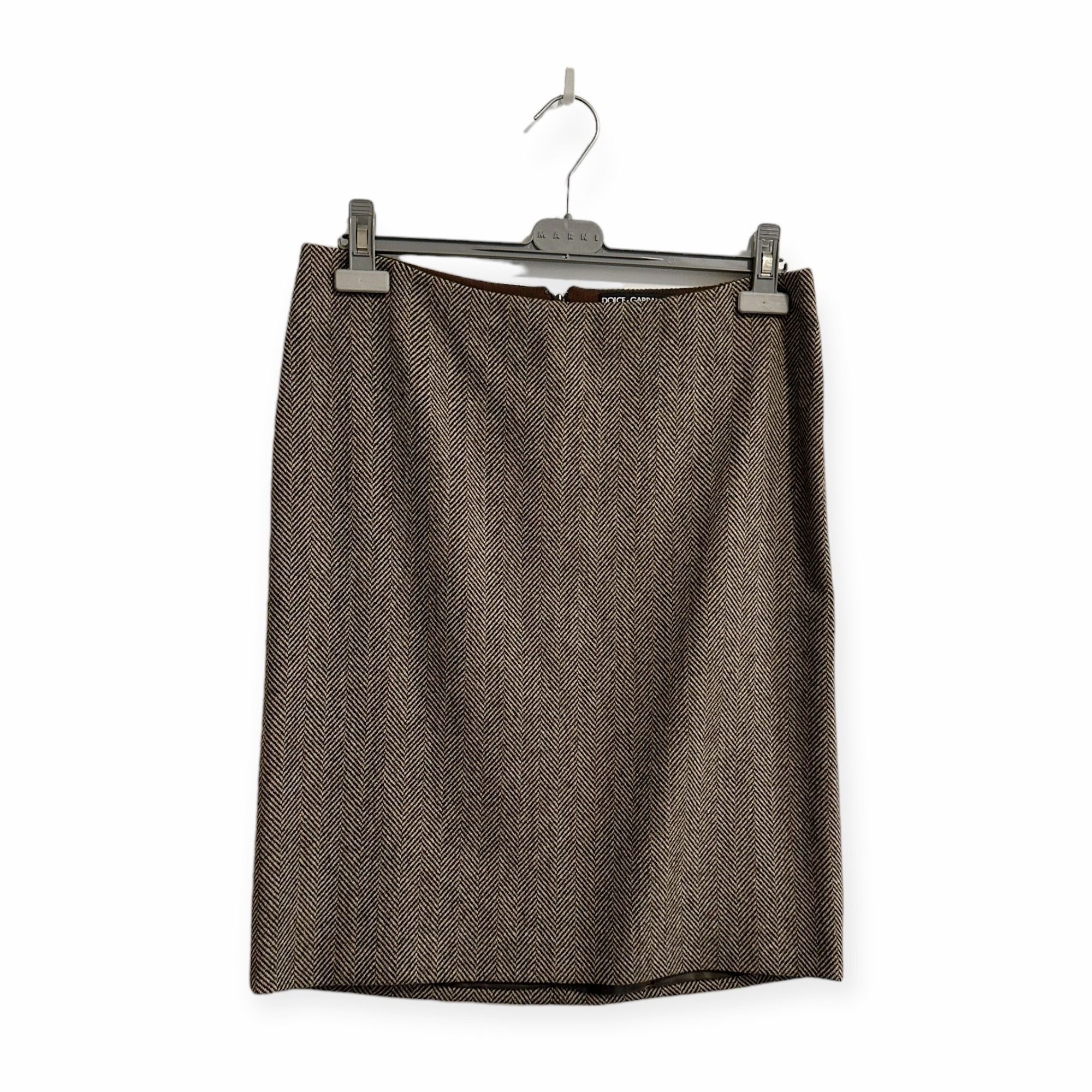 image of Dolce Gabbana Brown Herringbone Wool Pencil Skirt, Size 44, Women's